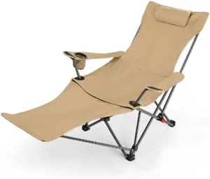 WIGSELBL Camping Chairs Folding Recliner Chair Adjustable with Headrest,Folding Lounge Chair for Adults,Portable Garden Chair Deck Stool for Travel Beach Patio(Khaki)