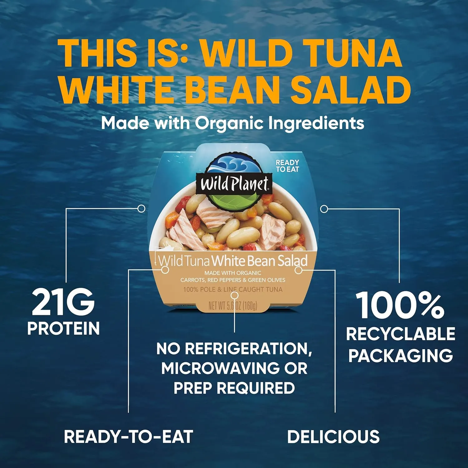 Wild Planet Ready-To-Eat Wild Tuna White Bean Salad With Organic Chickpeas, Carrots, Red Peppers & Green Olives 5.6oz (Pack Of 12)