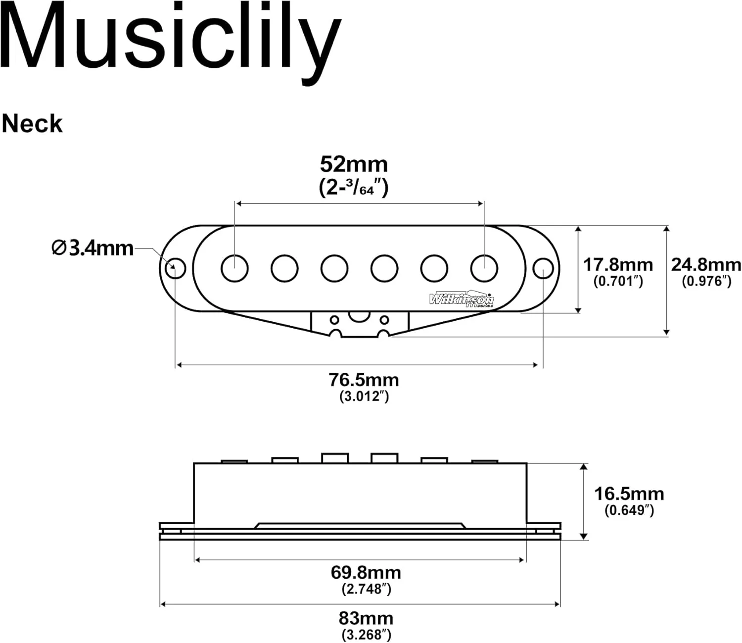 Wilkinson Vintage Tone Alnico 5 Staggered Single Coil Neck Pickup for Strat Style Electric Guitar, Black