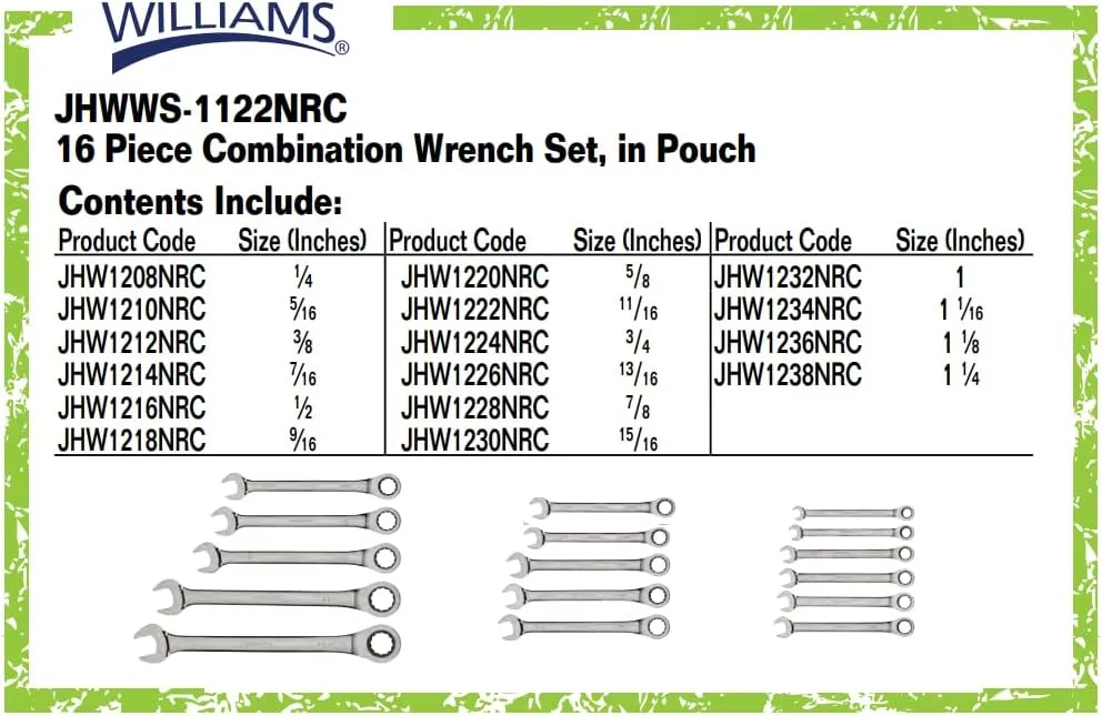Williams WS-1122NRC Combo Ratcheting Wrench Set, 1/4-Inch - 1-1/4-Inch, 16-Piece