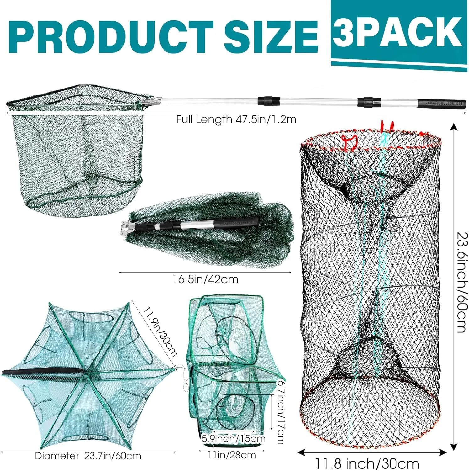 Windyun 3 Pcs Foldable Fishing Net Landing Net with Telescoping Pole Handle Collapsible Crab Trap Hexagon Fishing Bait Trap with Rope and Lure Bag for Crab Crayfish Shrimp