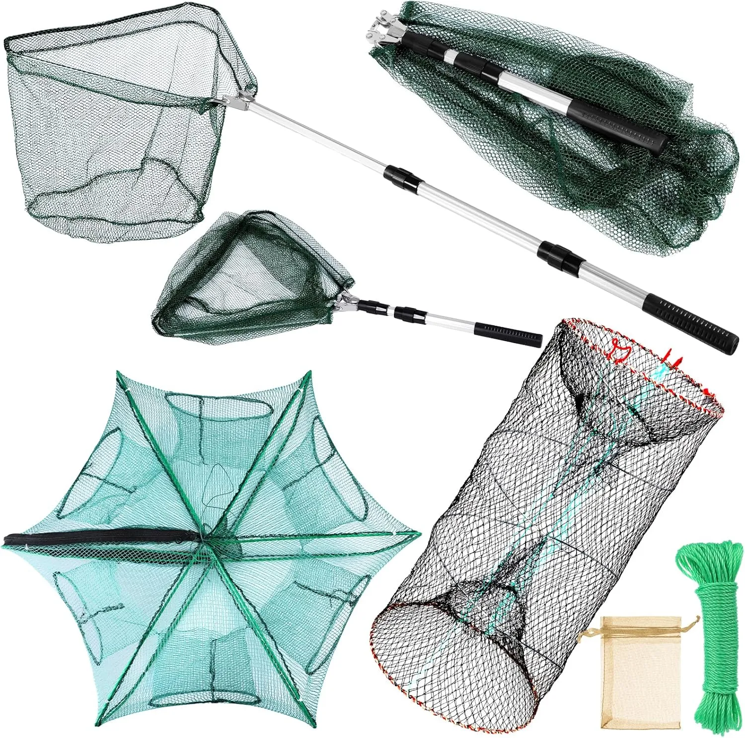 Windyun 3 Pcs Foldable Fishing Net Landing Net with Telescoping Pole Handle Collapsible Crab Trap Hexagon Fishing Bait Trap with Rope and Lure Bag for Crab Crayfish Shrimp