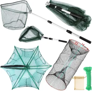 Windyun 3 Pcs Foldable Fishing Net Landing Net with Telescoping Pole Handle Collapsible Crab Trap Hexagon Fishing Bait Trap with Rope and Lure Bag for Crab Crayfish Shrimp