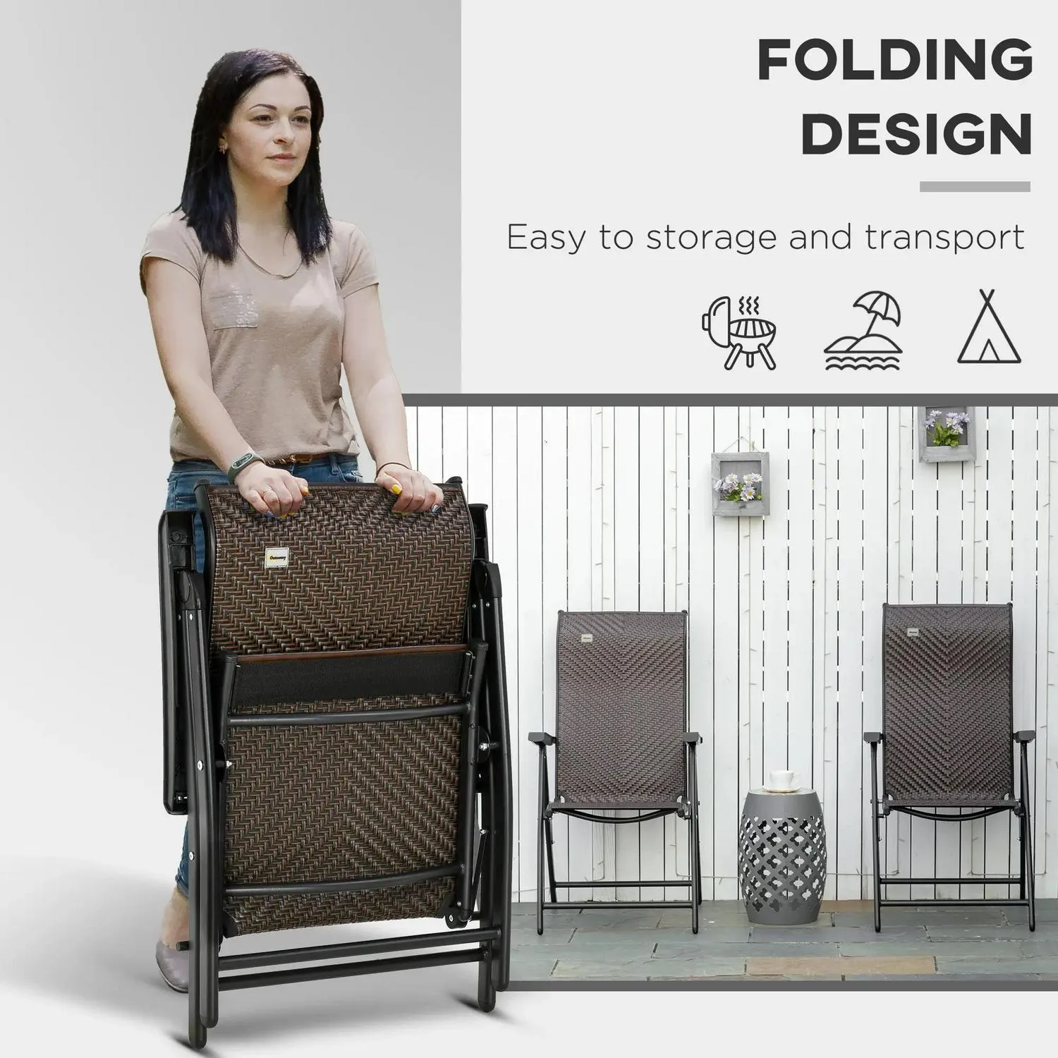 With Adjustable Of Folding Brown Set Garden Backs Chairs, - Top-notch service Seven-Position Outsunny Two Extensive range