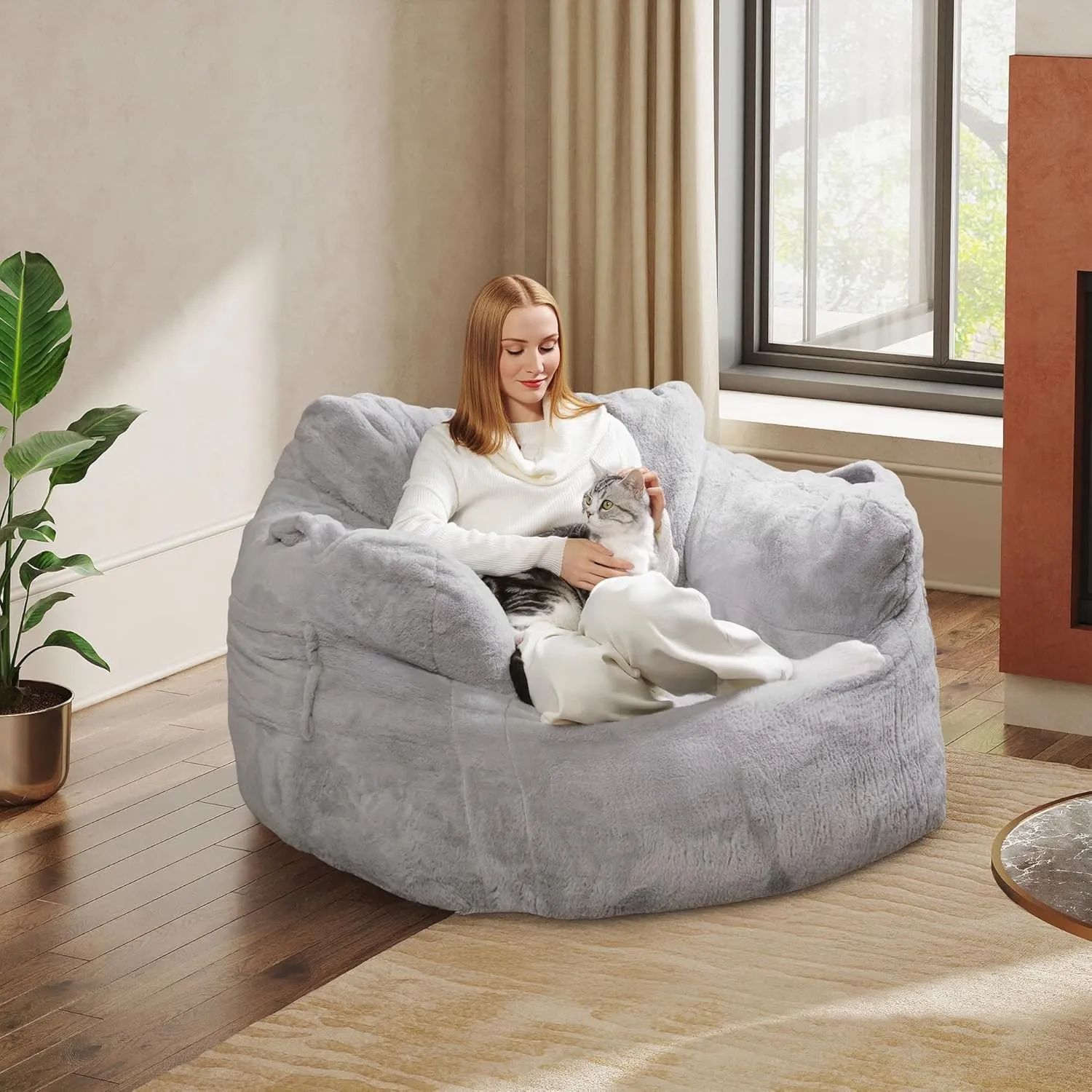 WLIVE Giant Bean Bag Chair, Bean Bag Sofa with Armrests for Adults, Bean Bag Couch with High-Density Memory Foam for Livingroom, Bedroom, Grey