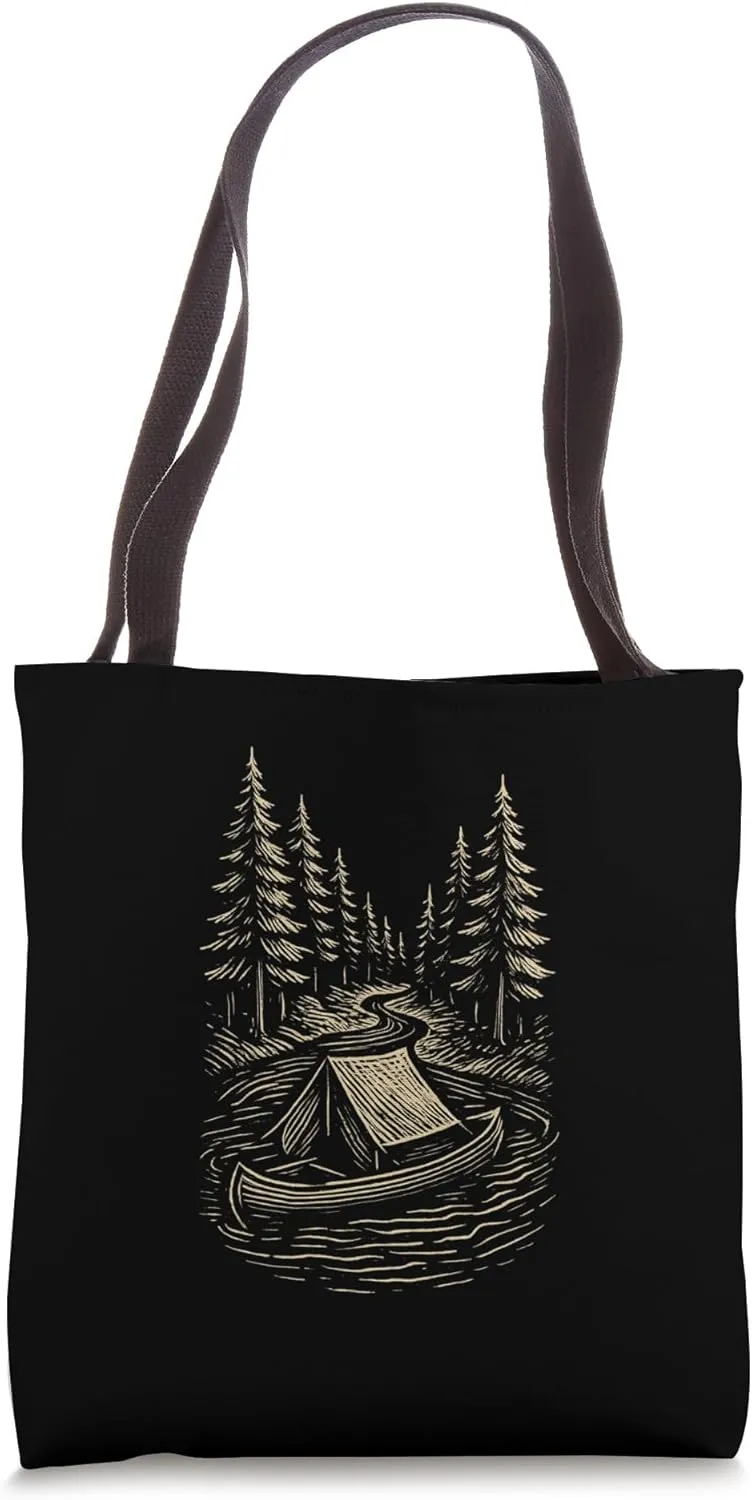 Woodcut Canoe River Tote Bag