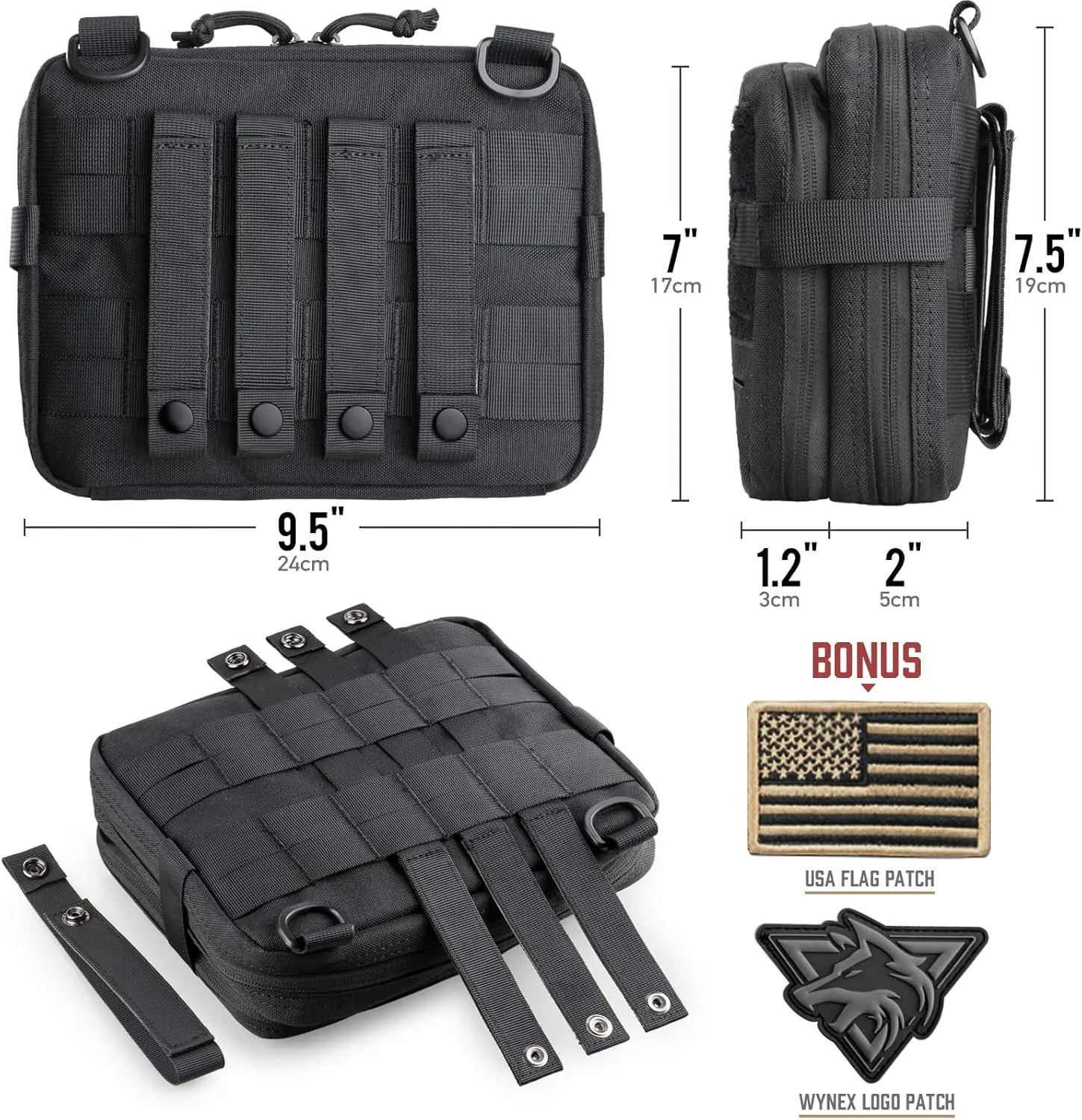 WYNEX Tactical Molle Admin Pouch of Laser Cut Design, Utility Pouches Molle Attachment Military Medical EMT Organizer with Map Pocket EDC EMT Pack IFAK Tool Holder Universal U.S.A Patch Included