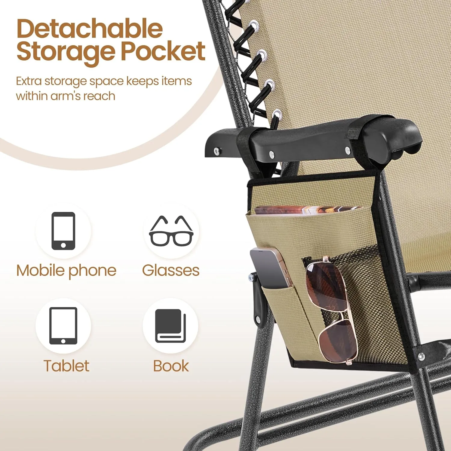 Yaheetech 26in Rocking Chair Outdoor Zero Gravity Folding Chairs Rocking Chairs Foldable Outdoor Reclining Lounge Chair for Outside Lawn with Cupholder/Pillow Ergonomic Design for Rest, Beige