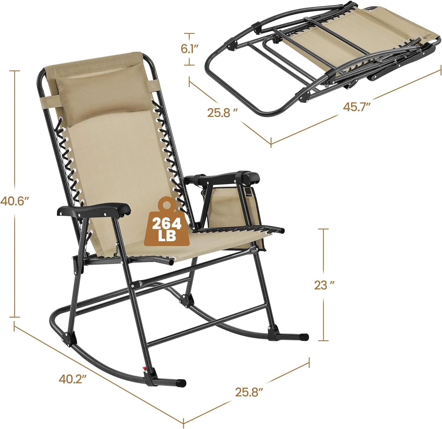 Yaheetech 26in Rocking Chair Outdoor Zero Gravity Folding Chairs Rocking Chairs Foldable Outdoor Reclining Lounge Chair for Outside Lawn with Cupholder/Pillow Ergonomic Design for Rest, Beige