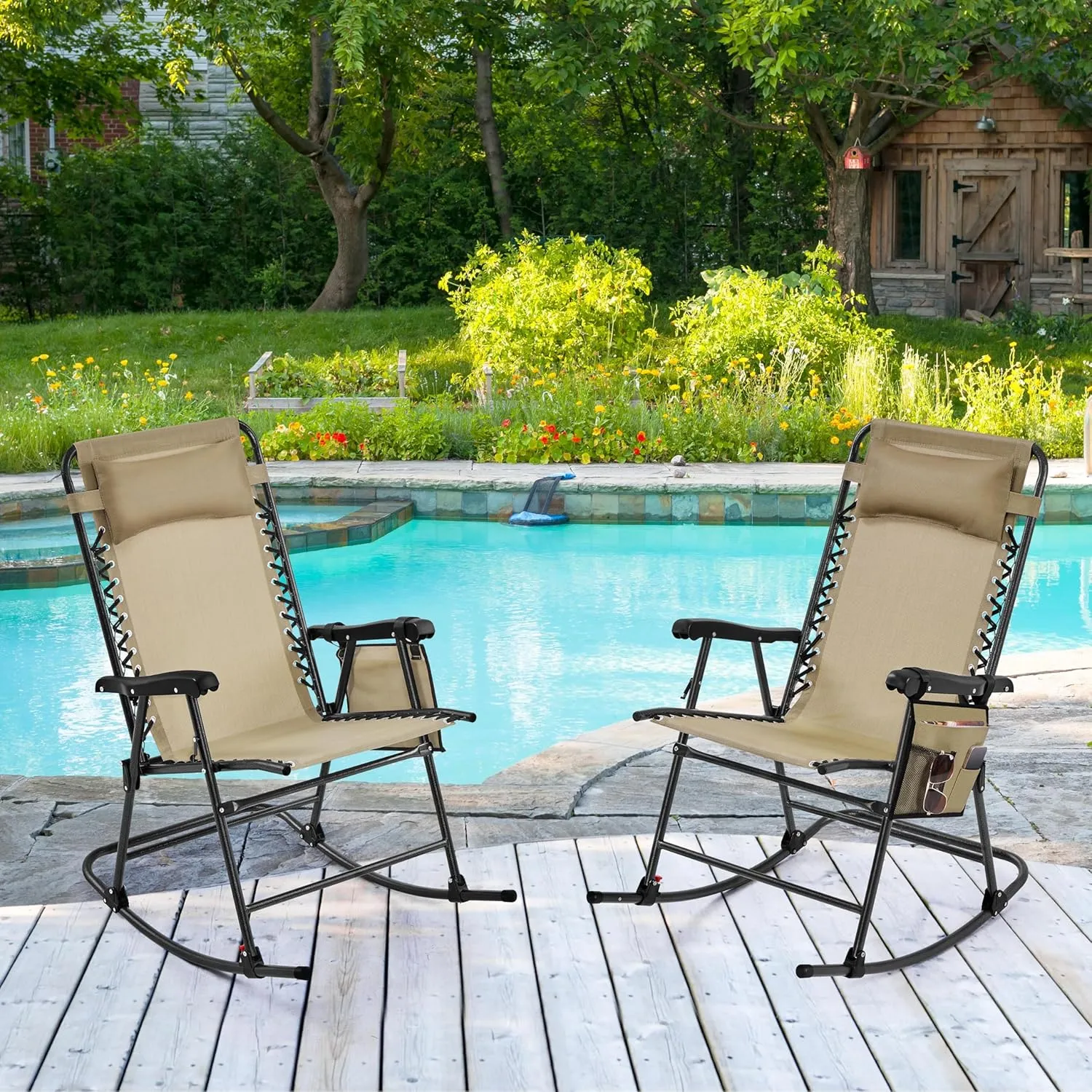 Yaheetech 26in Rocking Chair Outdoor Zero Gravity Folding Chairs Rocking Chairs Foldable Outdoor Reclining Lounge Chair for Outside Lawn with Cupholder/Pillow Ergonomic Design for Rest, Beige