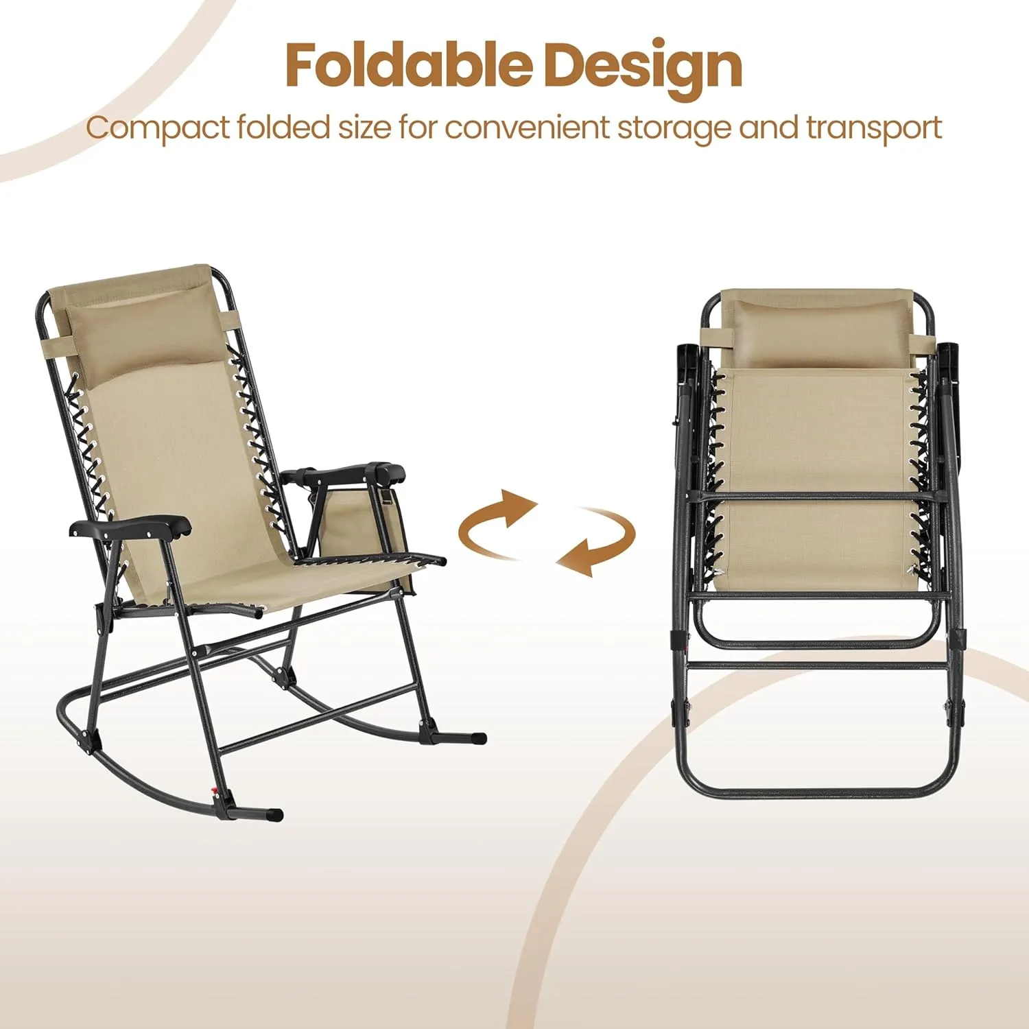 Yaheetech 26in Rocking Chair Outdoor Zero Gravity Folding Chairs Rocking Chairs Foldable Outdoor Reclining Lounge Chair for Outside Lawn with Cupholder/Pillow Ergonomic Design for Rest, Beige