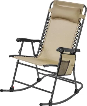 Yaheetech 26in Rocking Chair Outdoor Zero Gravity Folding Chairs Rocking Chairs Foldable Outdoor Reclining Lounge Chair for Outside Lawn with Cupholder/Pillow Ergonomic Design for Rest, Beige
