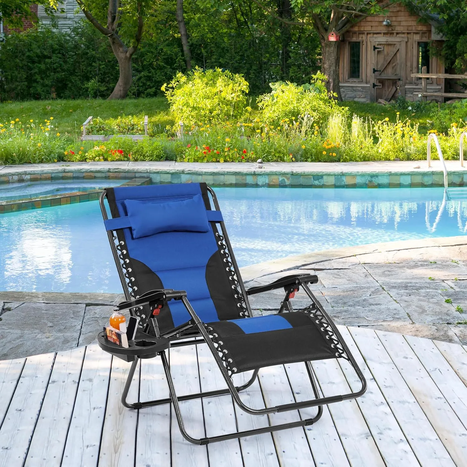 Yaheetech 29in Full Padded Zero Gravity Chair Oversized Outdoor Patio Folding Lounger Adjustable Portable Recliner w/Carry Strap, Side Cup Tray, Pillow for Beach Yard Lawn Navy Blue/Black/1