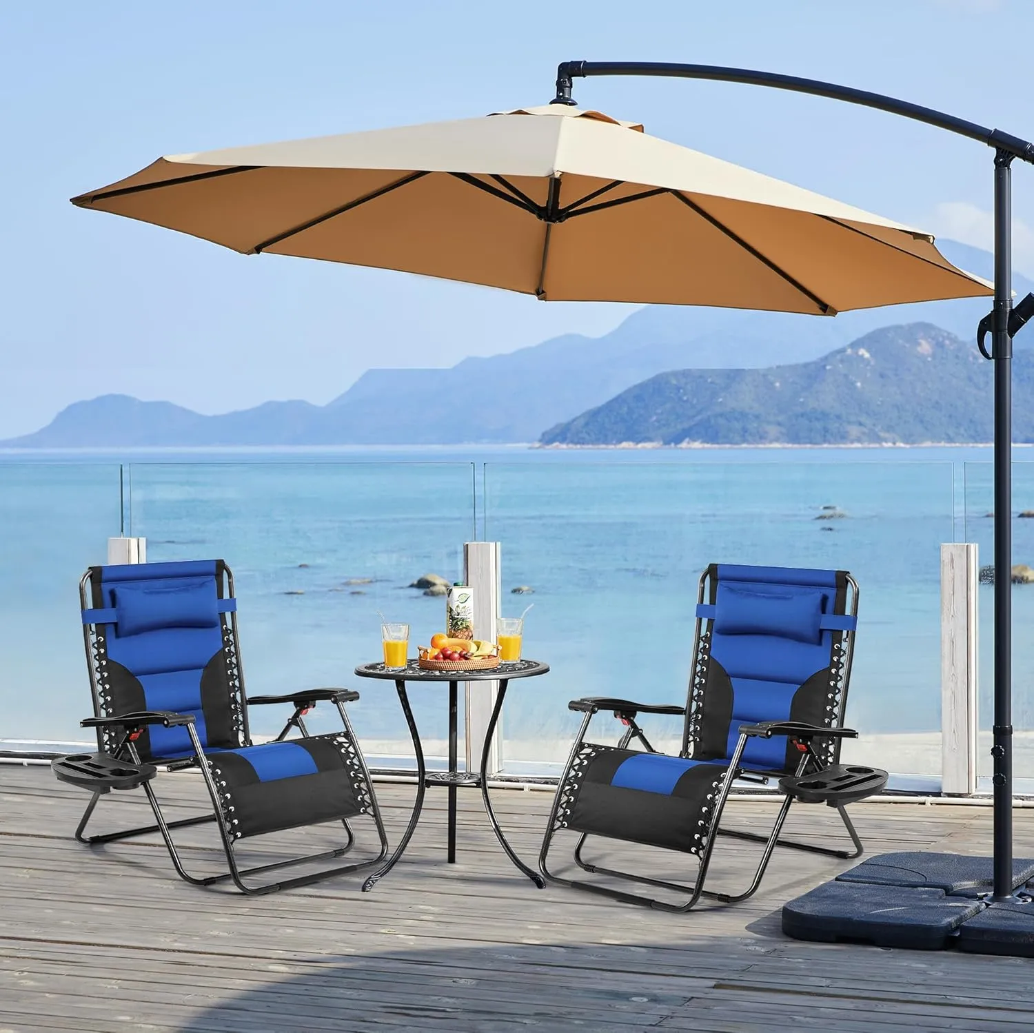 Yaheetech 29in Full Padded Zero Gravity Chair Oversized Outdoor Patio Folding Lounger Adjustable Portable Recliner w/Carry Strap, Side Cup Tray, Pillow for Beach Yard Lawn Navy Blue/Black/1