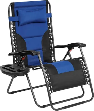 Yaheetech 29in Full Padded Zero Gravity Chair Oversized Outdoor Patio Folding Lounger Adjustable Portable Recliner w/Carry Strap, Side Cup Tray, Pillow for Beach Yard Lawn Navy Blue/Black/1
