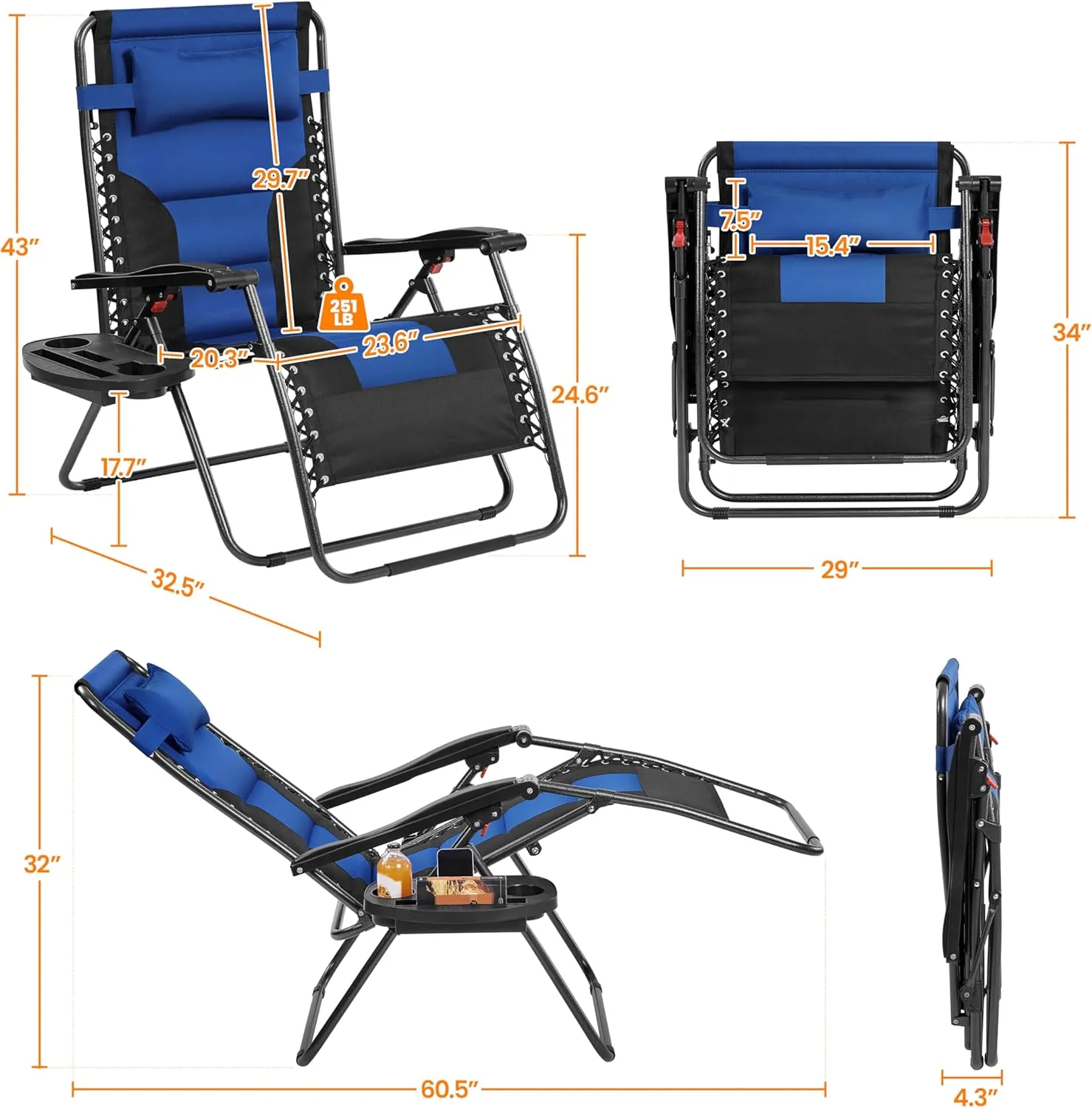 Yaheetech 29in Full Padded Zero Gravity Chair Oversized Outdoor Patio Folding Lounger Adjustable Portable Recliner w/Carry Strap, Side Cup Tray, Pillow for Beach Yard Lawn Navy Blue/Black/1