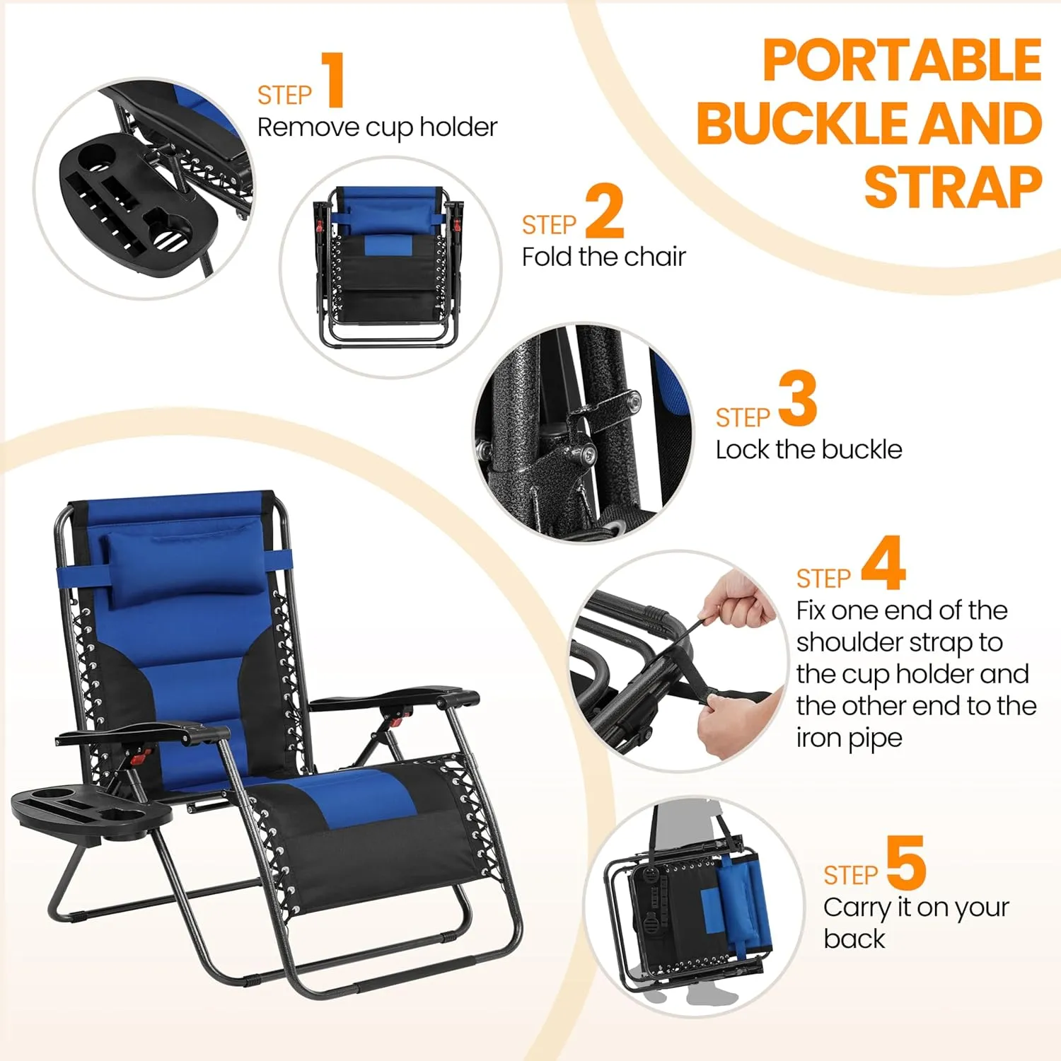 Yaheetech 29in Full Padded Zero Gravity Chair Oversized Outdoor Patio Folding Lounger Adjustable Portable Recliner w/Carry Strap, Side Cup Tray, Pillow for Beach Yard Lawn Navy Blue/Black/1
