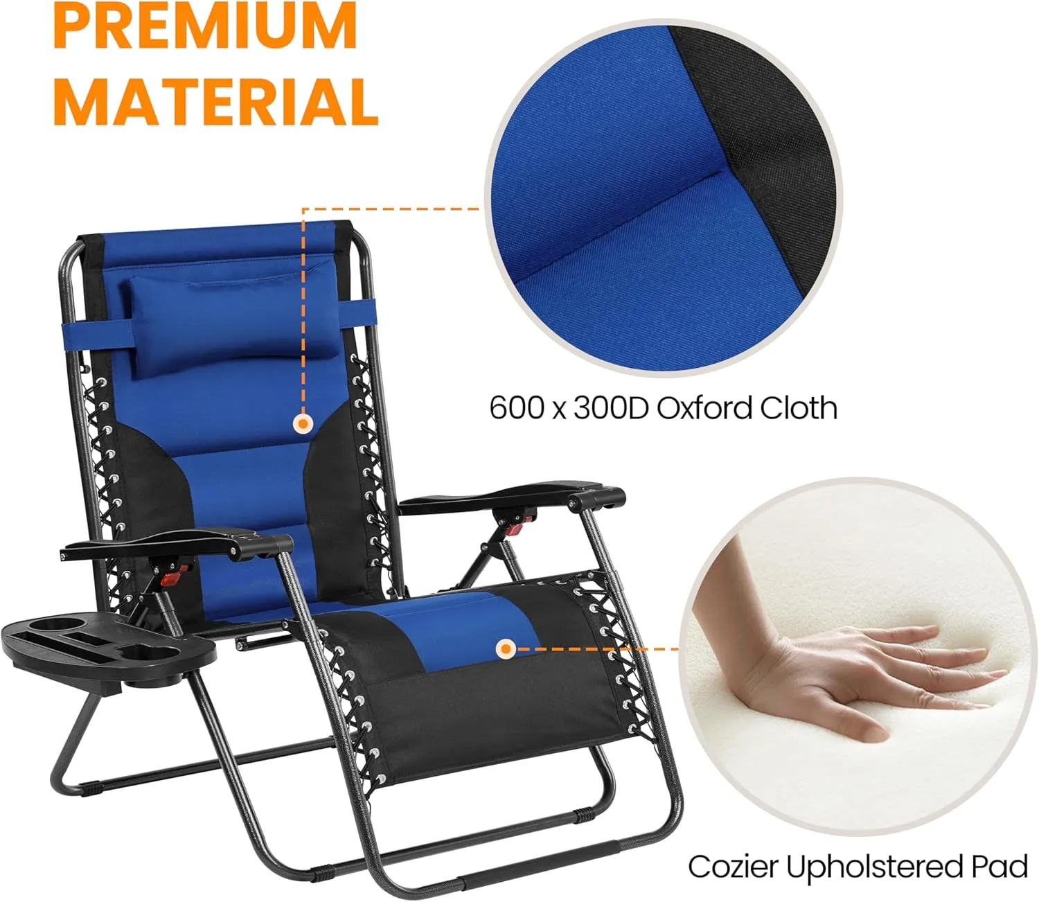 Yaheetech 29in Full Padded Zero Gravity Chair Oversized Outdoor Patio Folding Lounger Adjustable Portable Recliner w/Carry Strap, Side Cup Tray, Pillow for Beach Yard Lawn Navy Blue/Black/1