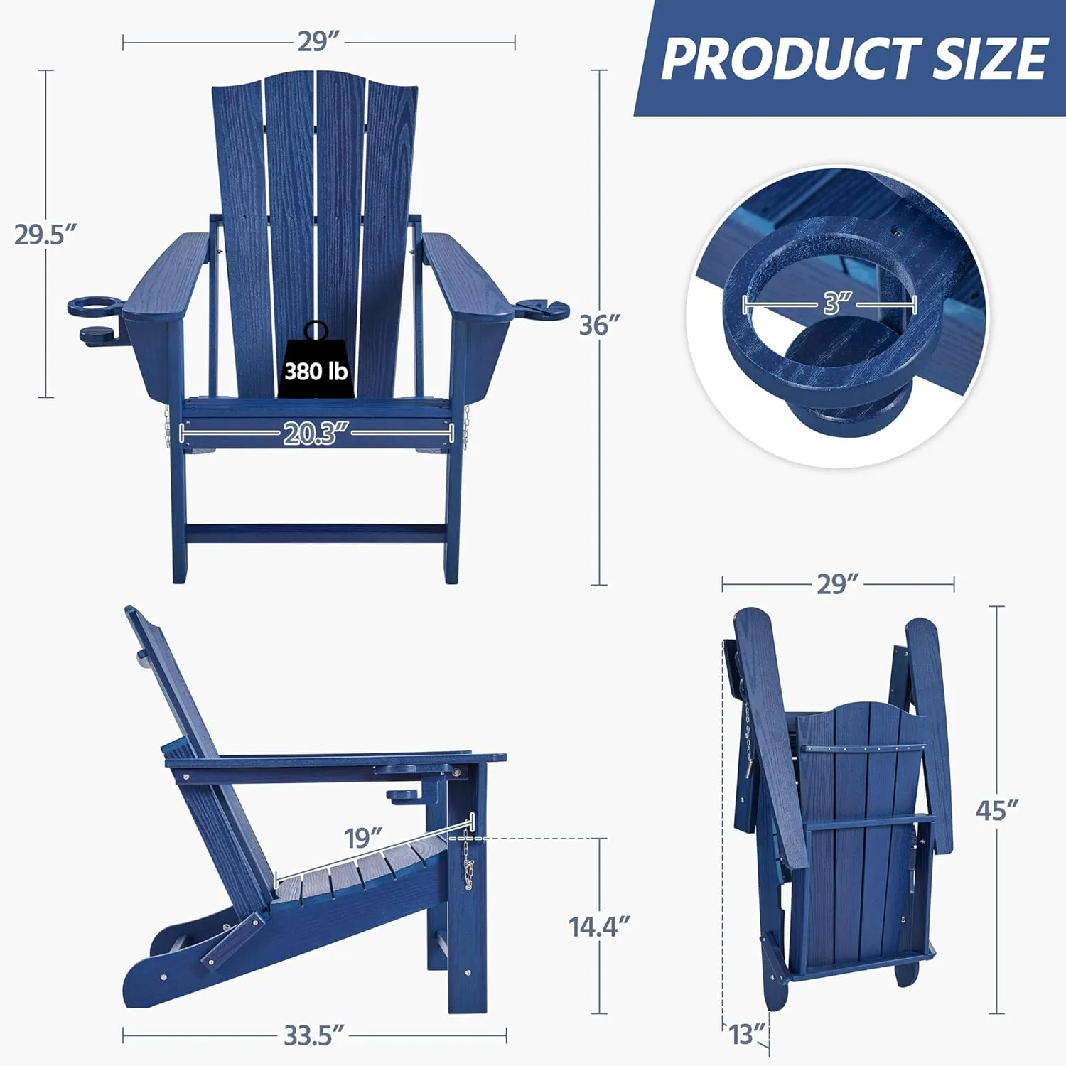 Yaheetech Adirondack Chair with Ottoman, All Weather Resistant Patio Folding Fire Pit Chair with Cup Holder for Outdoor Poolside, Porch, Backyard, Lawn, Navy Blue