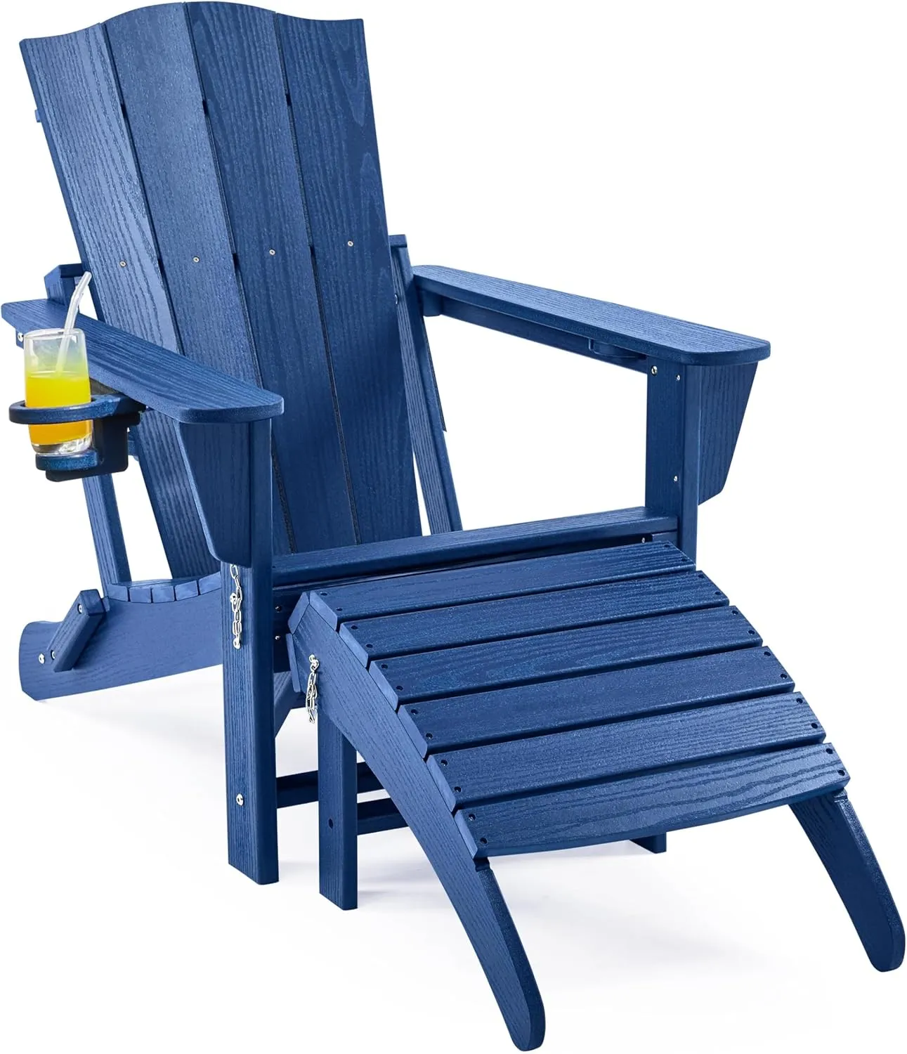 Yaheetech Adirondack Chair with Ottoman, All Weather Resistant Patio Folding Fire Pit Chair with Cup Holder for Outdoor Poolside, Porch, Backyard, Lawn, Navy Blue