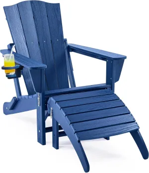 Yaheetech Adirondack Chair with Ottoman, All Weather Resistant Patio Folding Fire Pit Chair with Cup Holder for Outdoor Poolside, Porch, Backyard, Lawn, Navy Blue