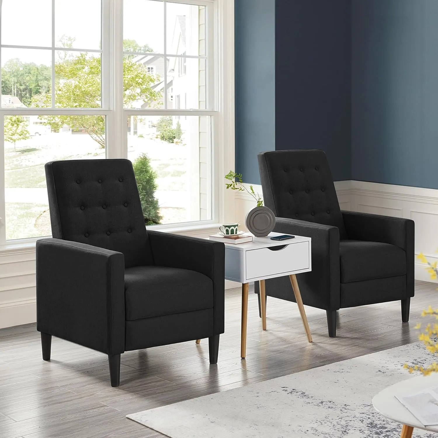 Yaheetech Fabric Recliner Chair Mid-Century Modern Recliner Adjustable Single Recliner Sofa with Thicker Seat Cushion Tufted Upholstered Sofa with Pocket Spring for Living Room Bedroom Black