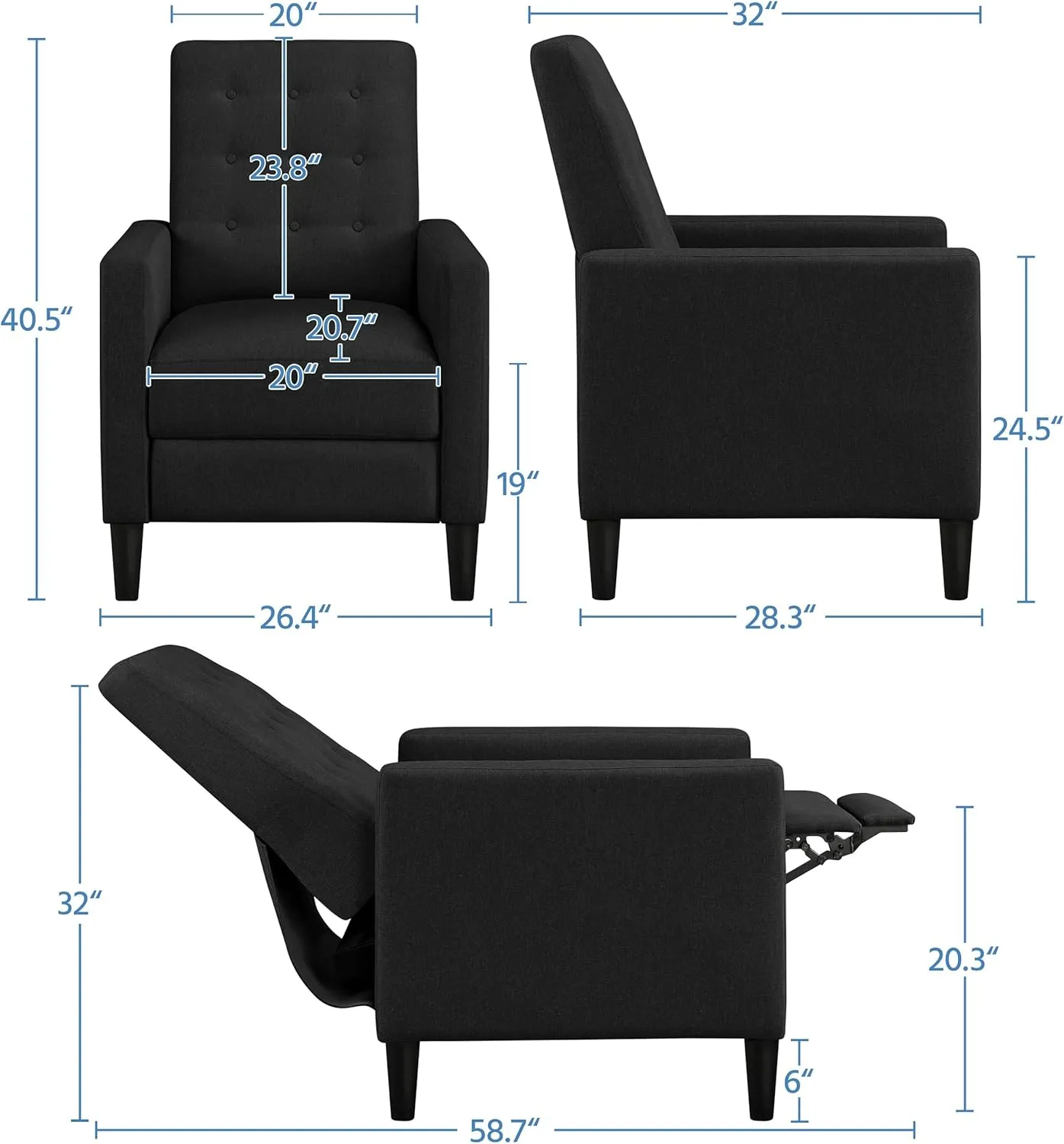 Yaheetech Fabric Recliner Chair Mid-Century Modern Recliner Adjustable Single Recliner Sofa with Thicker Seat Cushion Tufted Upholstered Sofa with Pocket Spring for Living Room Bedroom Black