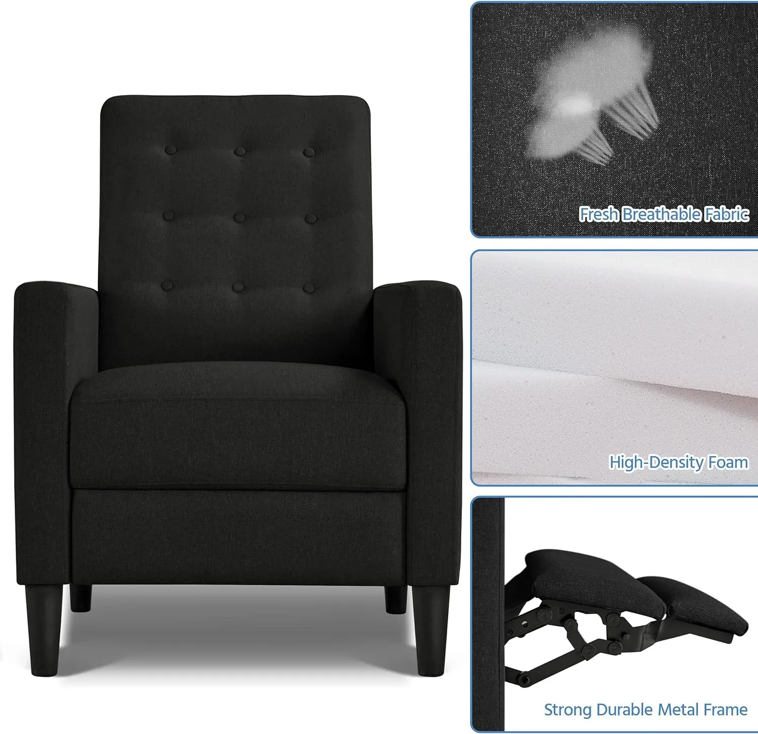 Yaheetech Fabric Recliner Chair Mid-Century Modern Recliner Adjustable Single Recliner Sofa with Thicker Seat Cushion Tufted Upholstered Sofa with Pocket Spring for Living Room Bedroom Black