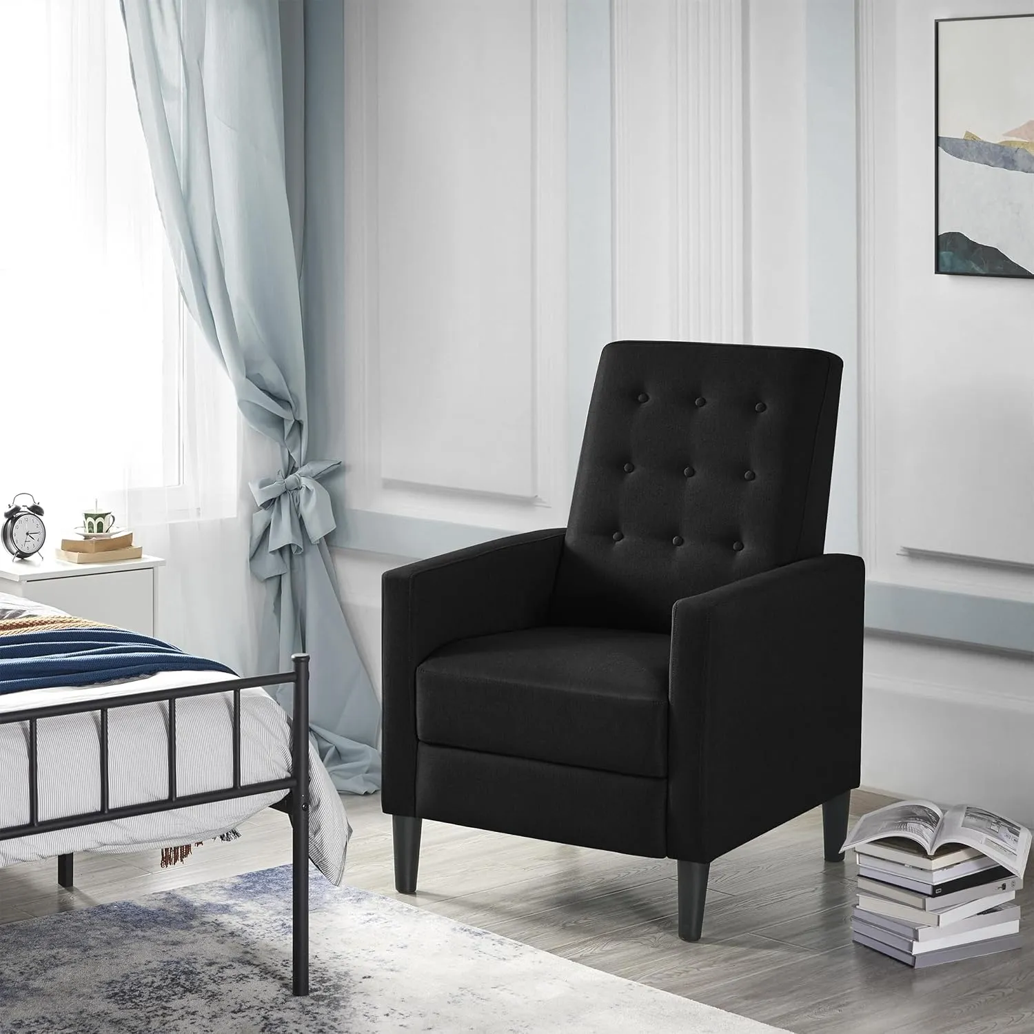 Yaheetech Fabric Recliner Chair Mid-Century Modern Recliner Adjustable Single Recliner Sofa with Thicker Seat Cushion Tufted Upholstered Sofa with Pocket Spring for Living Room Bedroom Black