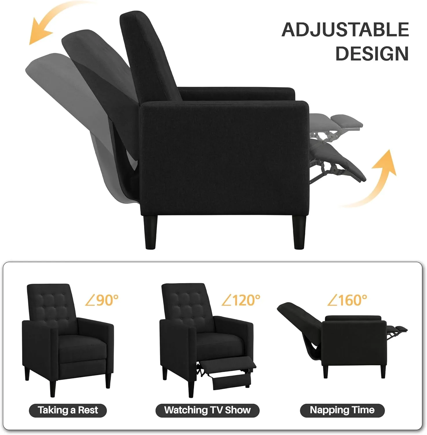 Yaheetech Fabric Recliner Chair Mid-Century Modern Recliner Adjustable Single Recliner Sofa with Thicker Seat Cushion Tufted Upholstered Sofa with Pocket Spring for Living Room Bedroom Black