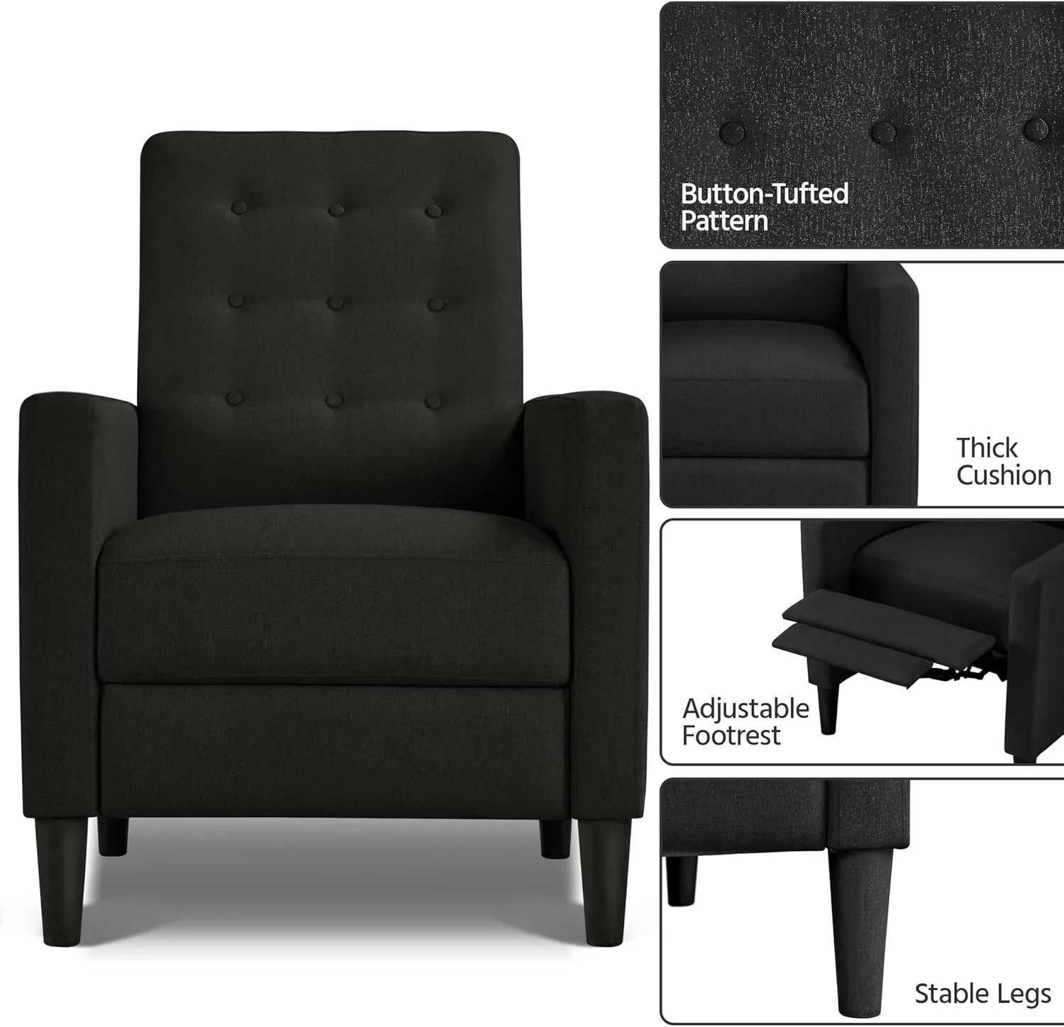 Yaheetech Fabric Recliner Chair Mid-Century Modern Recliner Adjustable Single Recliner Sofa with Thicker Seat Cushion Tufted Upholstered Sofa with Pocket Spring for Living Room Bedroom Black