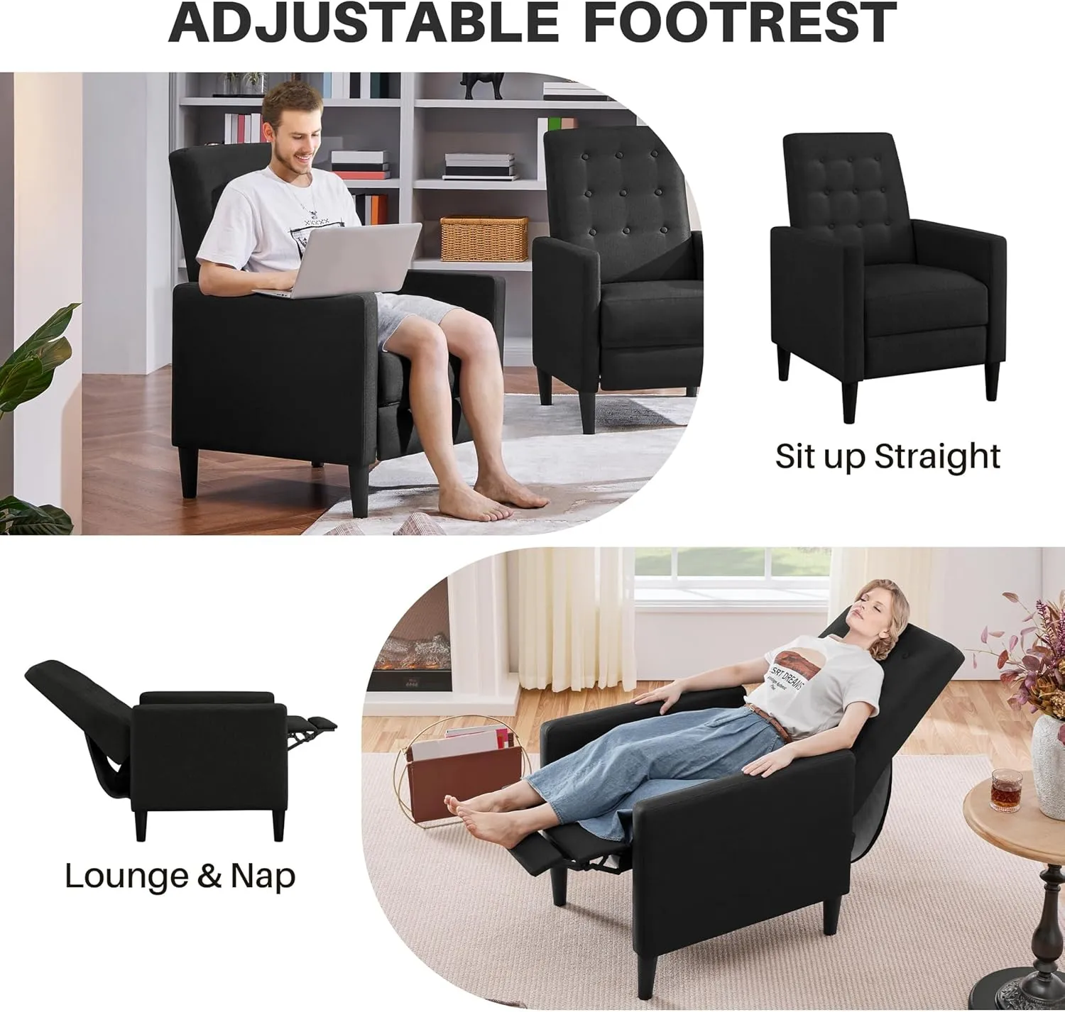 Yaheetech Fabric Recliner Chair Mid-Century Modern Recliner Adjustable Single Recliner Sofa with Thicker Seat Cushion Tufted Upholstered Sofa with Pocket Spring for Living Room Bedroom Black