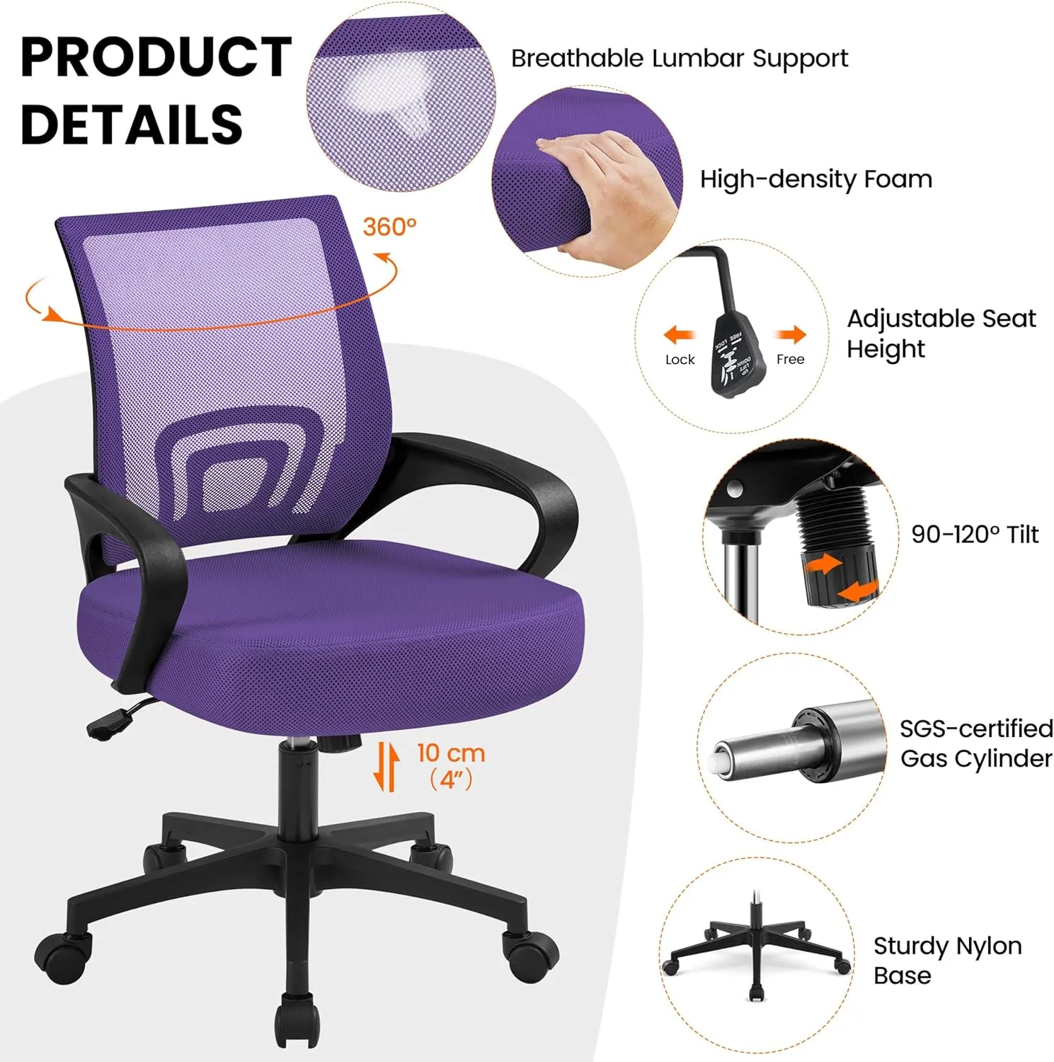Yaheetech Office Chair Ergonomic Mesh Chair w/Lumbar Support Armrest Wheels Comfortable Racing Seat Adjustable Swivel Rolling Home Executive Mid Back Computer Chair for Adults, Purple