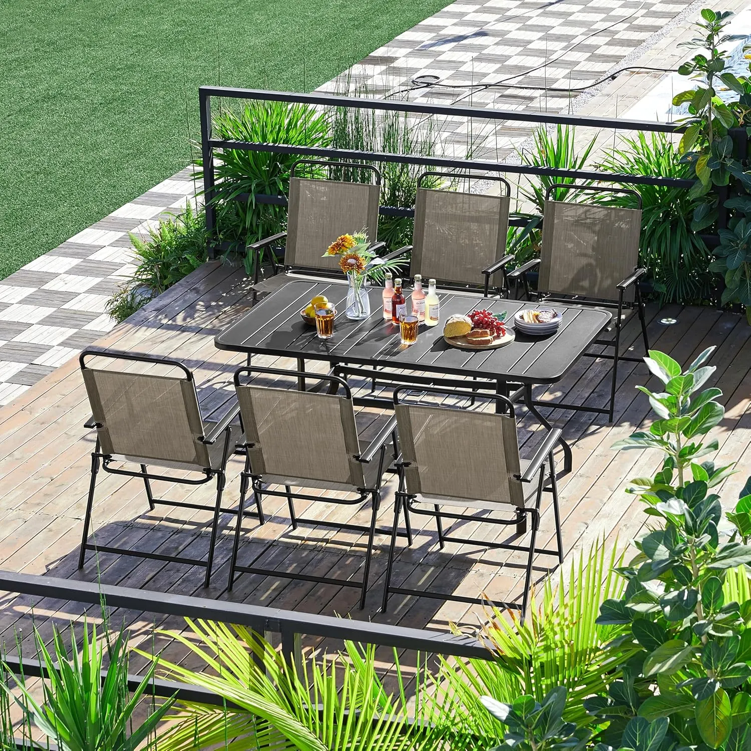 Yaheetech Outdoor Patio Chairs Set of 2, Folding Patio Chairs for Outside with Metal Frame, Armrests, Portable Dining Chairs for Camping, Lawn, Garden and Porch, Brown