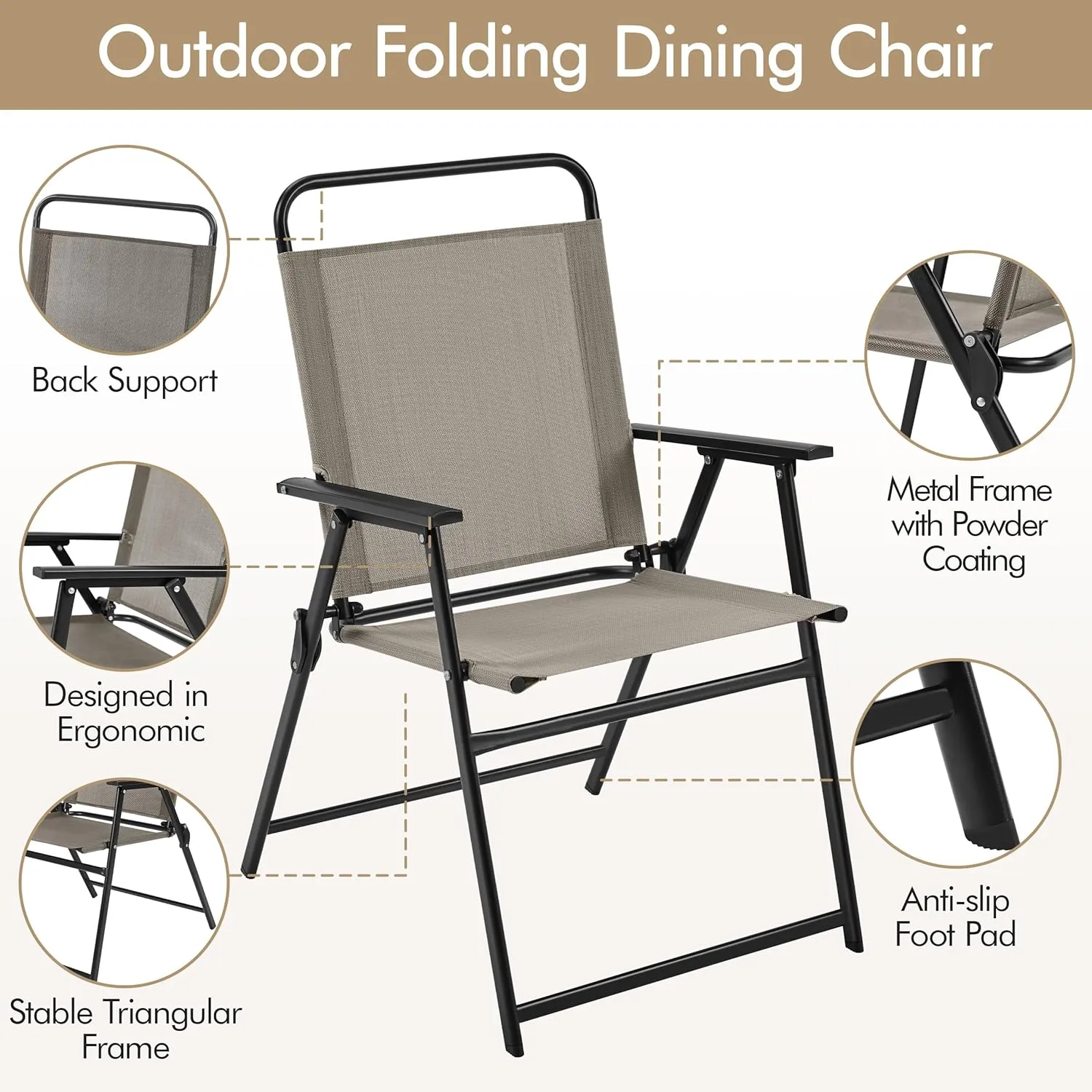 Yaheetech Outdoor Patio Chairs Set of 2, Folding Patio Chairs for Outside with Metal Frame, Armrests, Portable Dining Chairs for Camping, Lawn, Garden and Porch, Brown