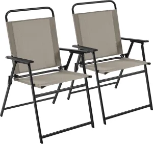 Yaheetech Outdoor Patio Chairs Set of 2, Folding Patio Chairs for Outside with Metal Frame, Armrests, Portable Dining Chairs for Camping, Lawn, Garden and Porch, Brown