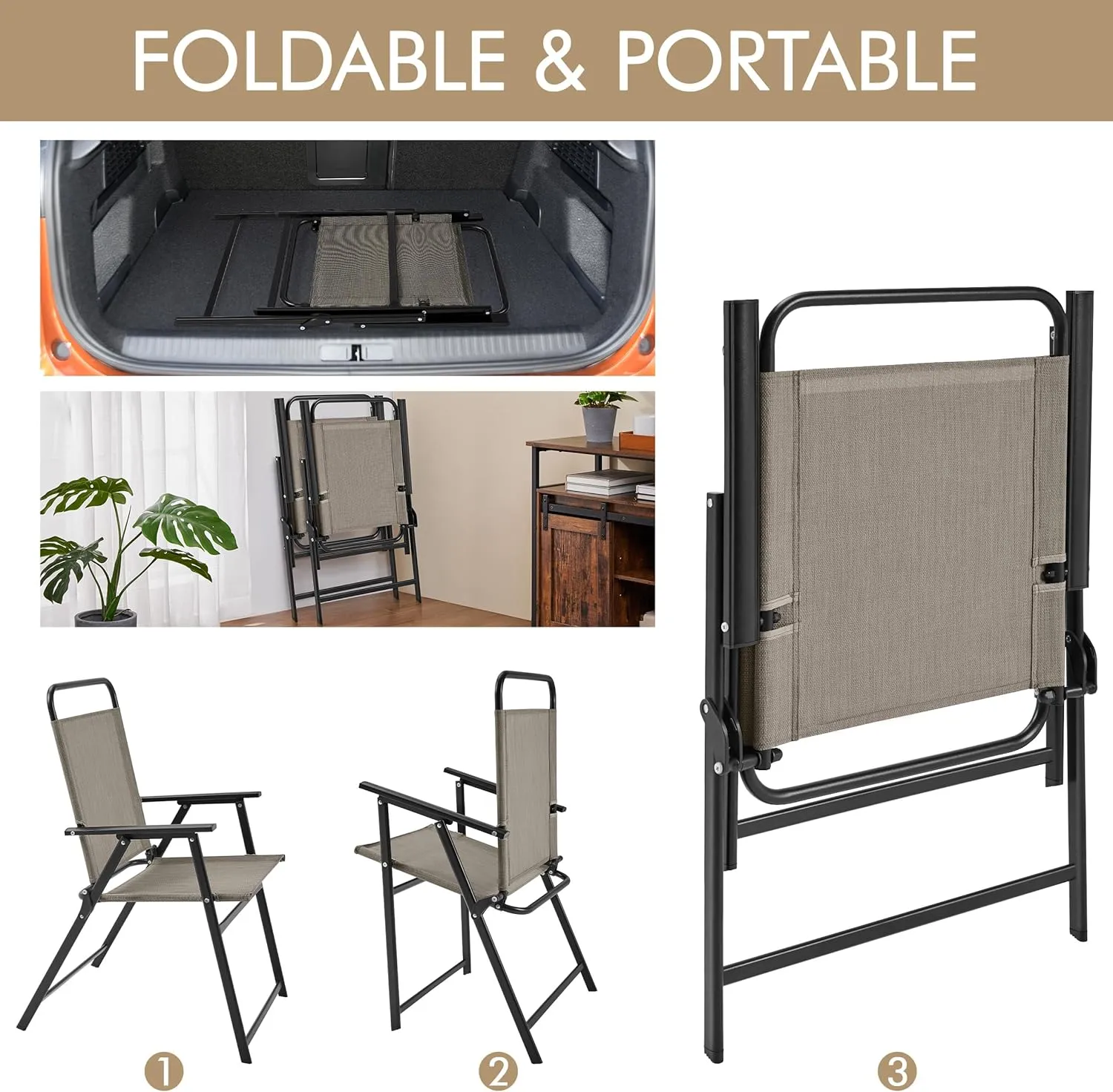 Yaheetech Outdoor Patio Chairs Set of 2, Folding Patio Chairs for Outside with Metal Frame, Armrests, Portable Dining Chairs for Camping, Lawn, Garden and Porch, Brown