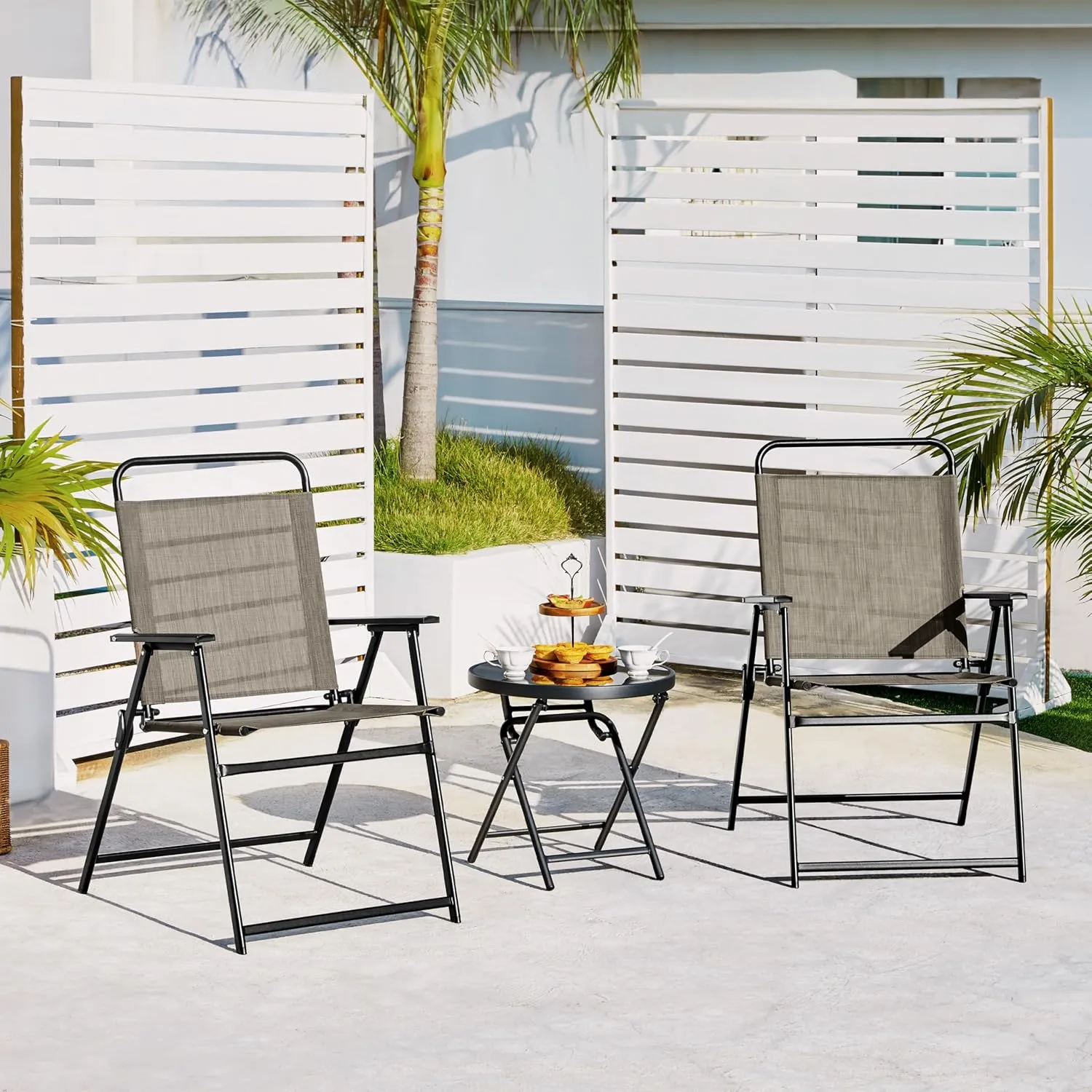 Yaheetech Outdoor Patio Chairs Set of 2, Folding Patio Chairs for Outside with Metal Frame, Armrests, Portable Dining Chairs for Camping, Lawn, Garden and Porch, Brown
