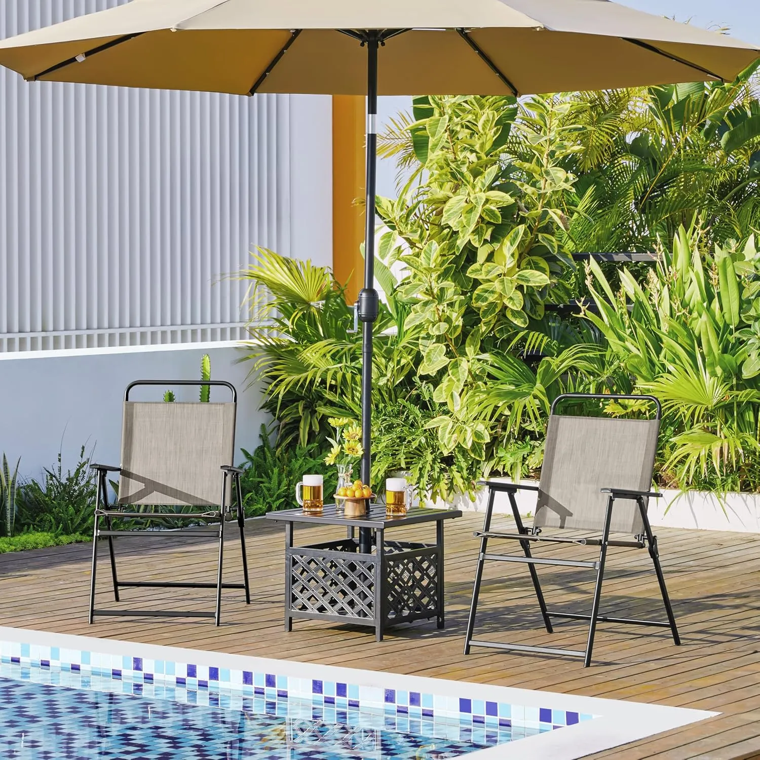 Yaheetech Outdoor Patio Chairs Set of 2, Folding Patio Chairs for Outside with Metal Frame, Armrests, Portable Dining Chairs for Camping, Lawn, Garden and Porch, Brown