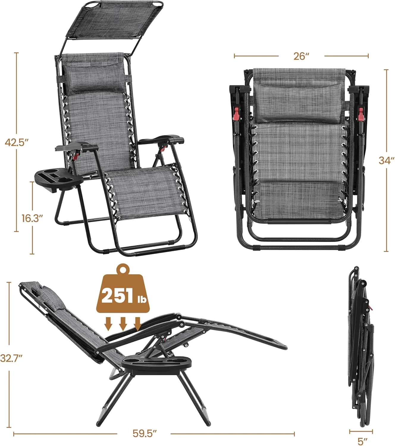 Yaheetech Outdoor Zero Gravity Chair Foldable Recliner Adjustable Patio Lounge w/Canopy Shade, Side Cup Holder Tray, Carry Strap for Garden Beach Lawn Deck Gray/1