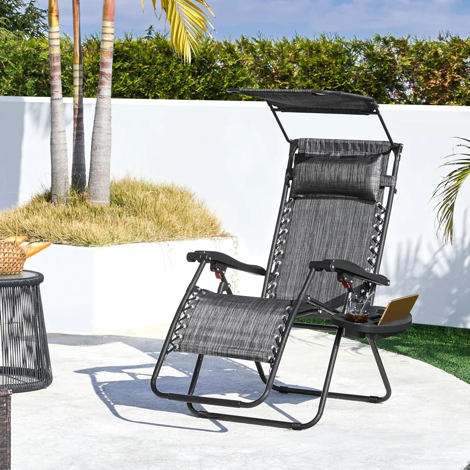 Yaheetech Outdoor Zero Gravity Chair Foldable Recliner Adjustable Patio Lounge w/Canopy Shade, Side Cup Holder Tray, Carry Strap for Garden Beach Lawn Deck Gray/1
