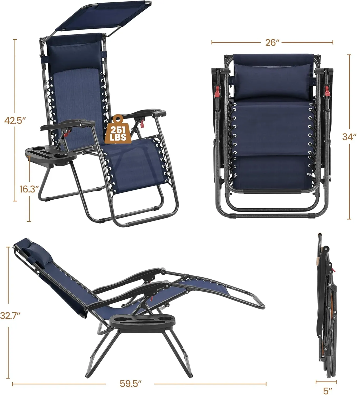 Yaheetech Outdoor Zero Gravity Chair Foldable Recliner Adjustable Patio Lounge w/Canopy Shade, Side Cup Holder Tray, Carry Strap for Garden Beach Lawn Deck Navy Blue/1