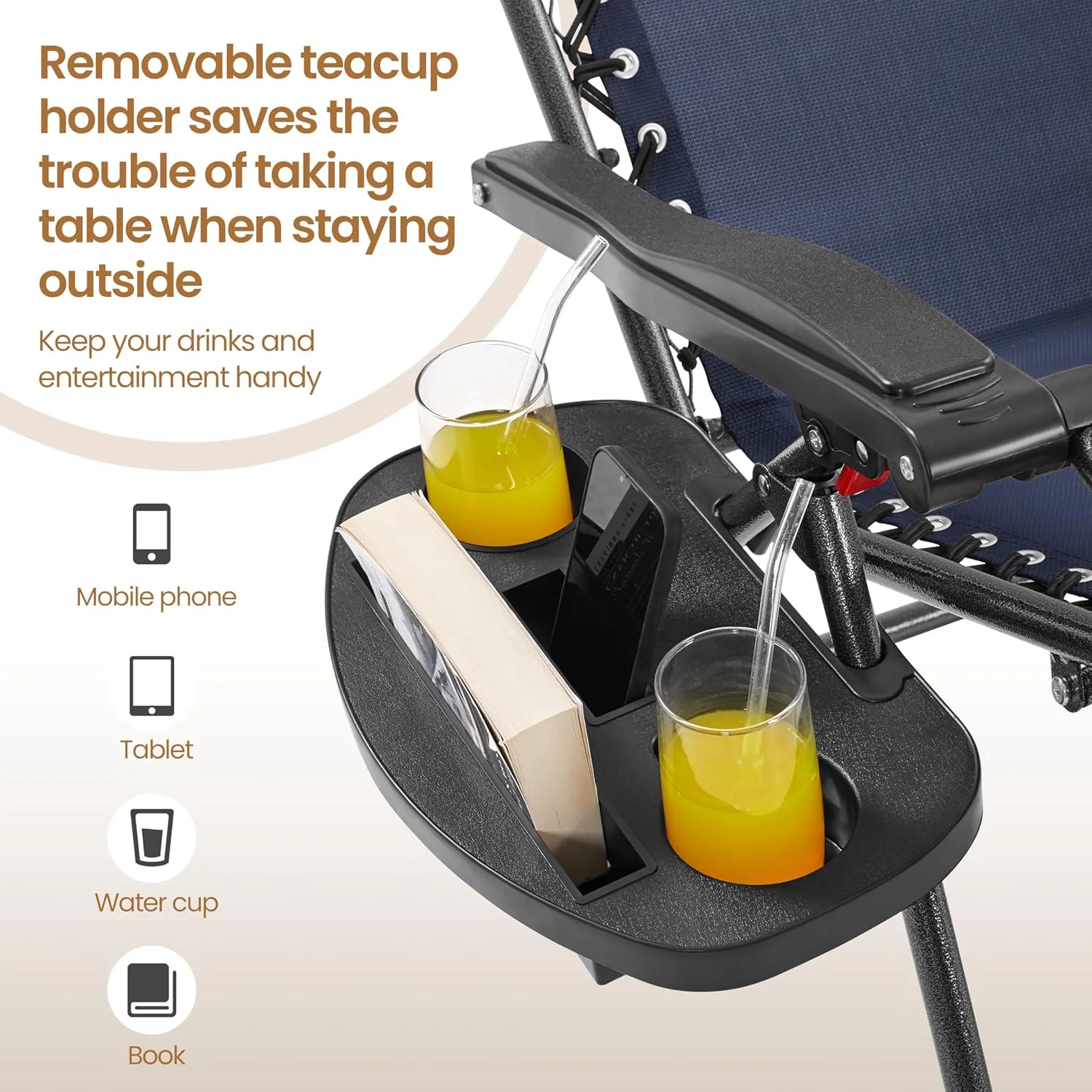 Yaheetech Outdoor Zero Gravity Chair Foldable Recliner Adjustable Patio Lounge w/Canopy Shade, Side Cup Holder Tray, Carry Strap for Garden Beach Lawn Deck Navy Blue/1