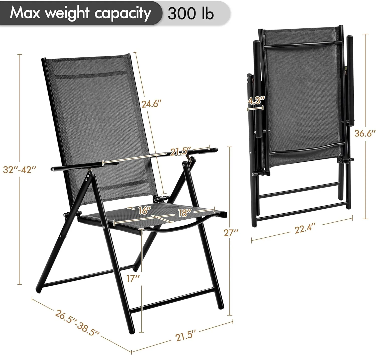 Yaheetech Patio Folding Dining Chairs Set of 4, Stackable Outdoor Lawn Chairs with 8 Adjustable Back Positions and Armrest for Garden, Lawn, Yard and Beach, Dark Gray