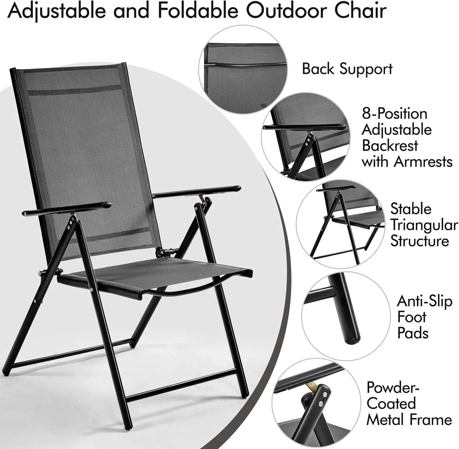 Yaheetech Patio Folding Dining Chairs Set of 4, Stackable Outdoor Lawn Chairs with 8 Adjustable Back Positions and Armrest for Garden, Lawn, Yard and Beach, Dark Gray