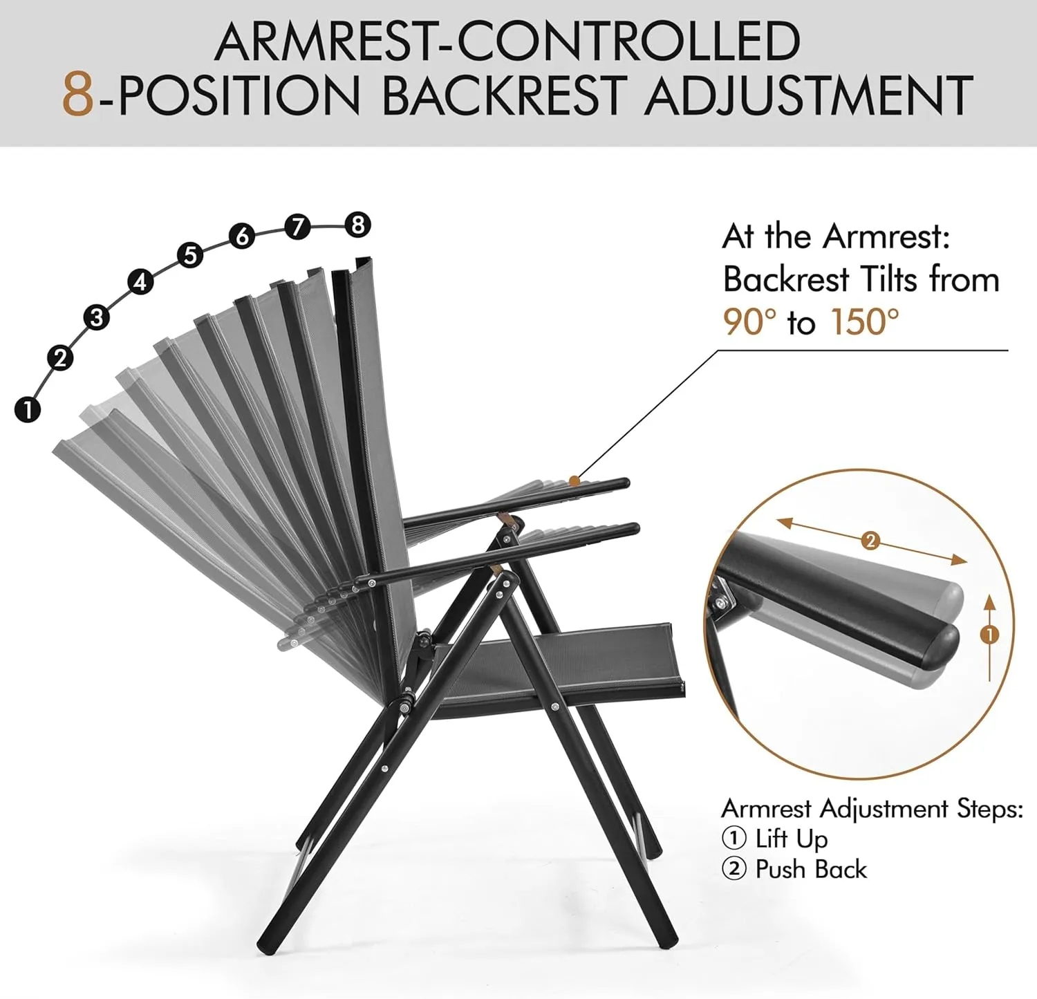 Yaheetech Patio Folding Dining Chairs Set of 4, Stackable Outdoor Lawn Chairs with 8 Adjustable Back Positions and Armrest for Garden, Lawn, Yard and Beach, Dark Gray