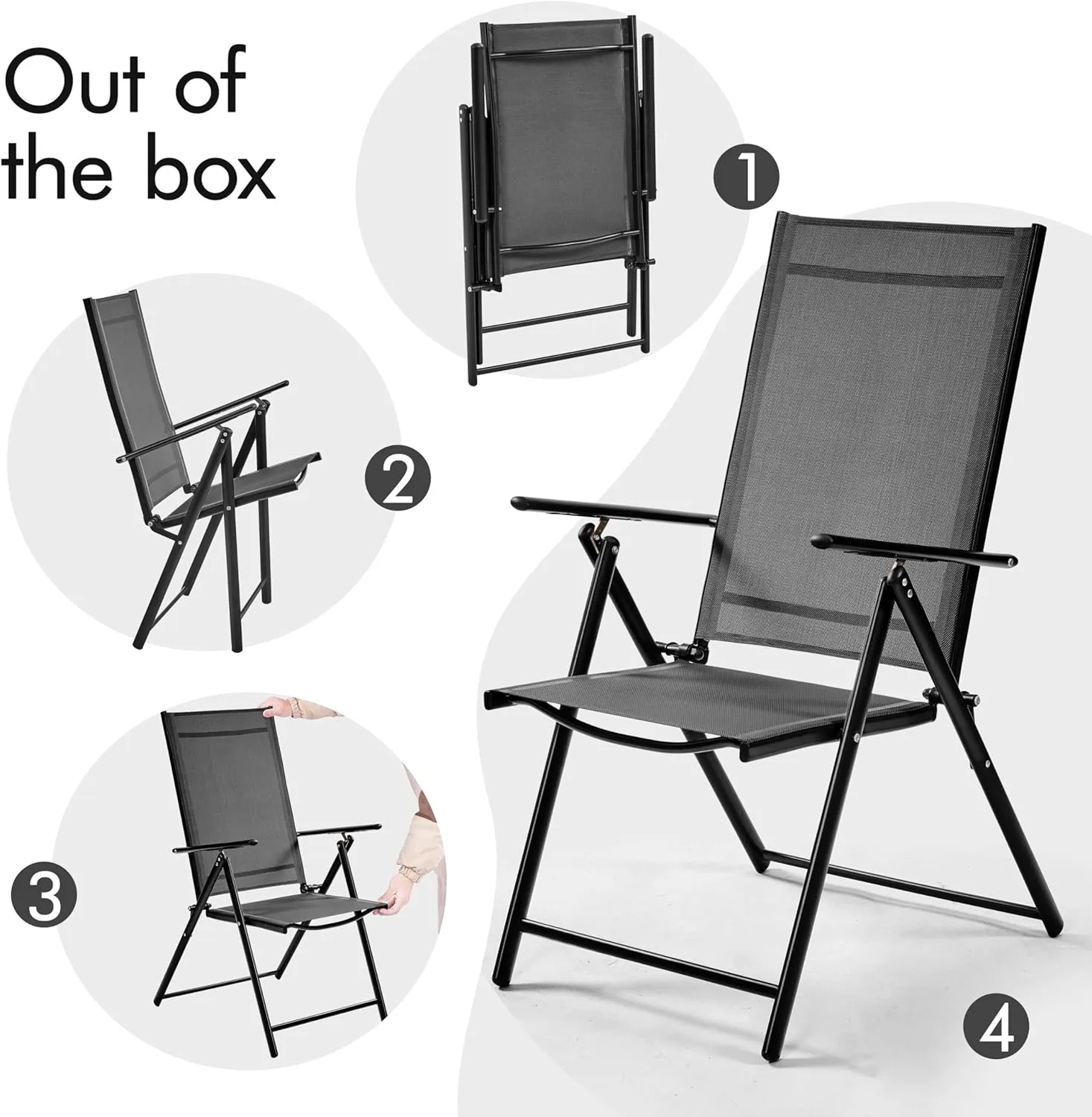 Yaheetech Patio Folding Dining Chairs Set of 4, Stackable Outdoor Lawn Chairs with 8 Adjustable Back Positions and Armrest for Garden, Lawn, Yard and Beach, Dark Gray