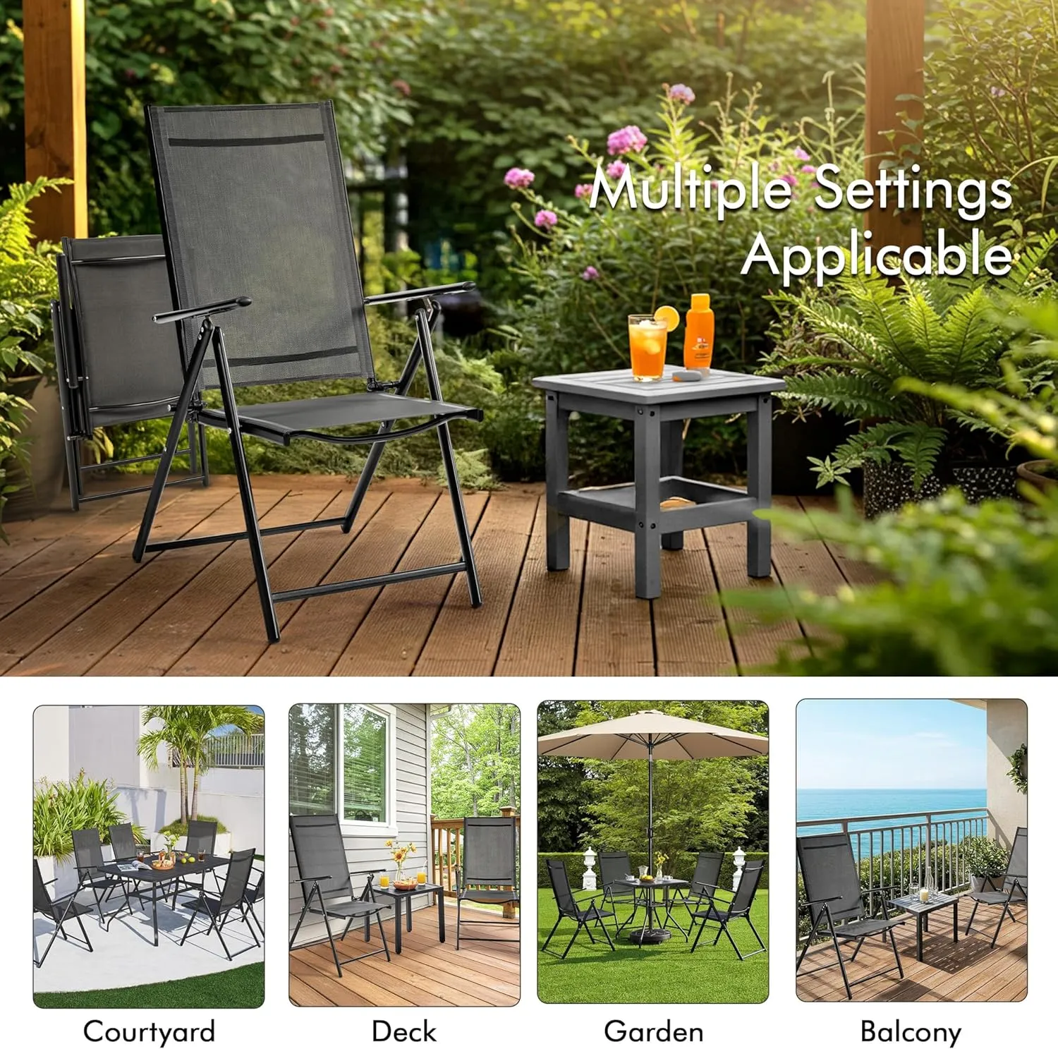 Yaheetech Patio Folding Dining Chairs Set of 4, Stackable Outdoor Lawn Chairs with 8 Adjustable Back Positions and Armrest for Garden, Lawn, Yard and Beach, Dark Gray