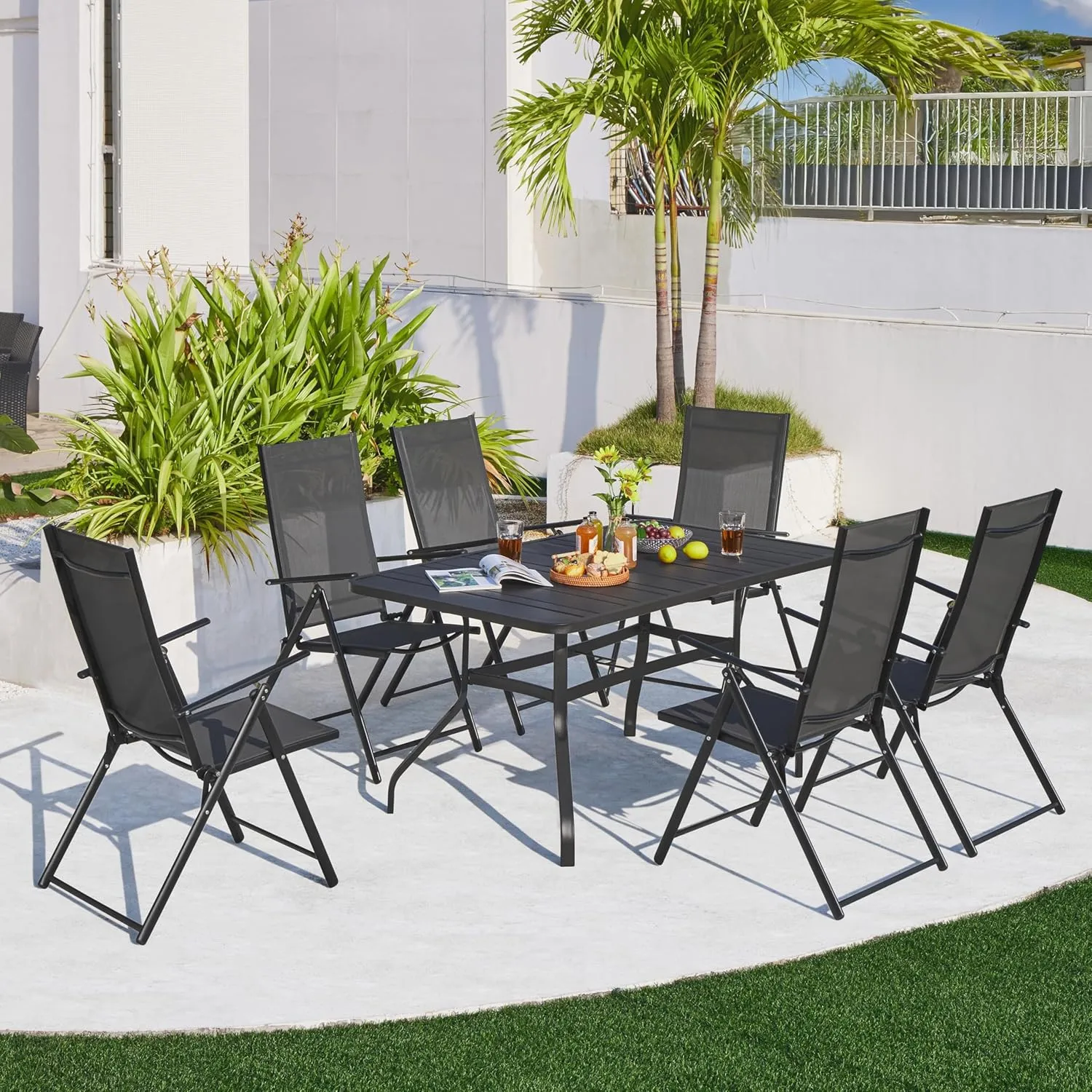 Yaheetech Patio Folding Dining Chairs Set of 4, Stackable Outdoor Lawn Chairs with 8 Adjustable Back Positions and Armrest for Garden, Lawn, Yard and Beach, Dark Gray