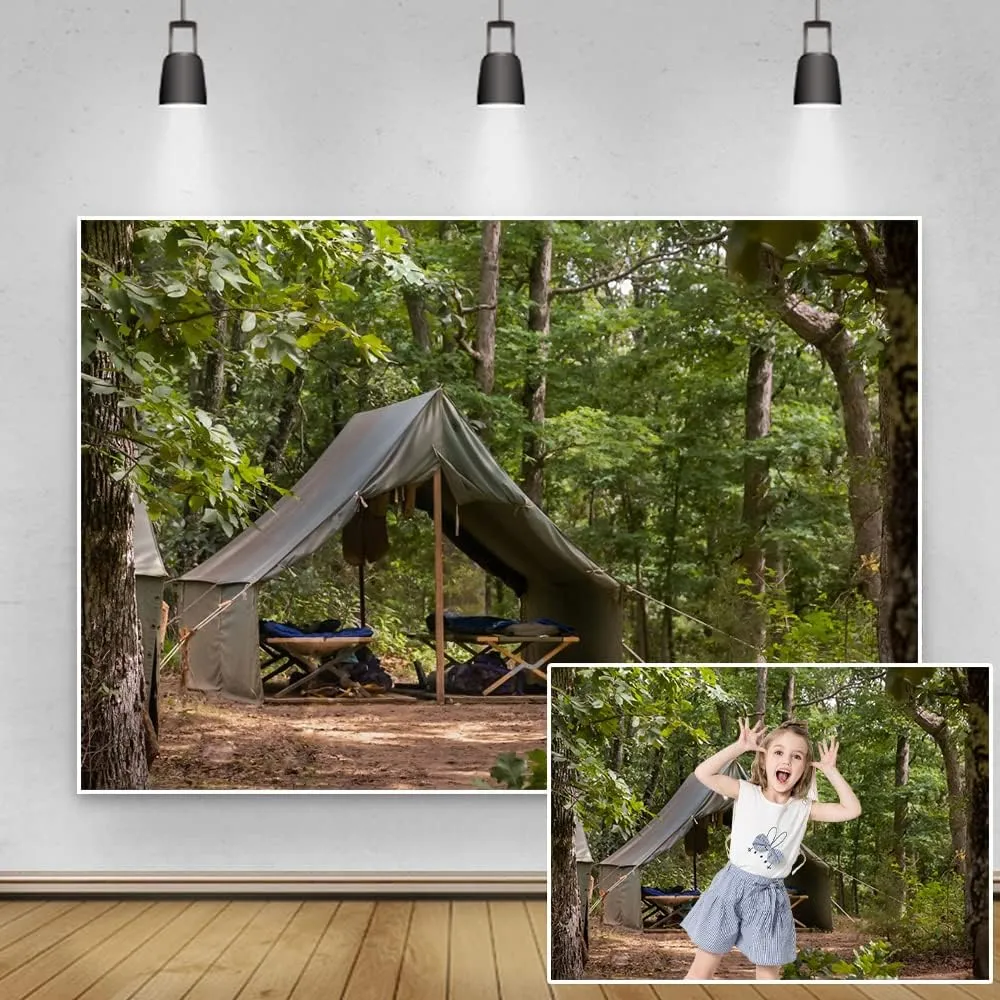 Yeele 10x8ft Scouts Forest Camping Photography Backdrop Summer Camp Green Canvas Tent Background Jungle Explore Hiking Woods Adventure Tree Plant Suburb Picnic Outdoor Campground Photo Studio Props